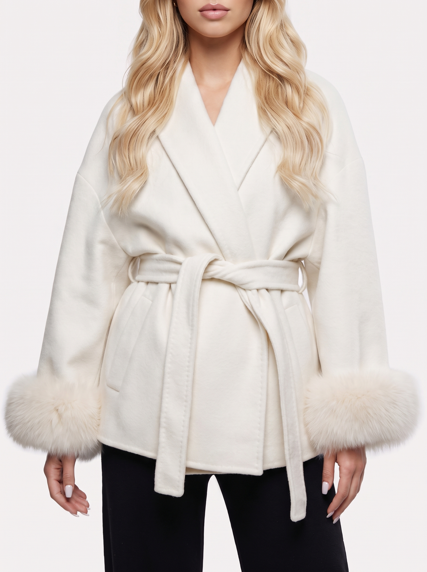 Women white wool blend wrap jacket with shawl collar, tie belt and faux fur cuffs, fabric closeup