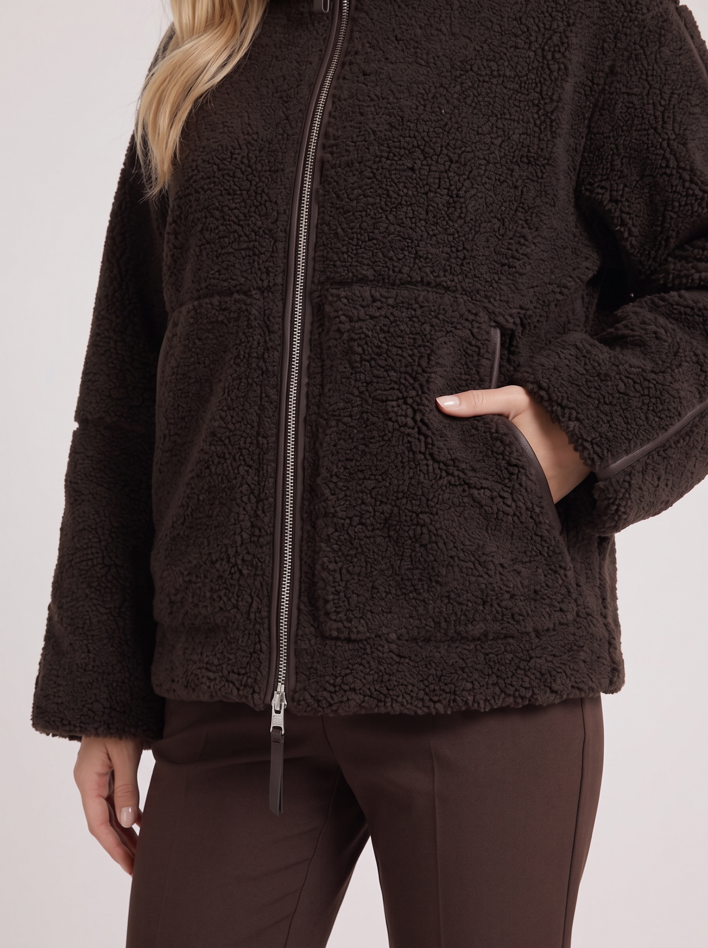 Women chocolate oversized teddy borg jacket with stand collar and two way zip, fabric closeup