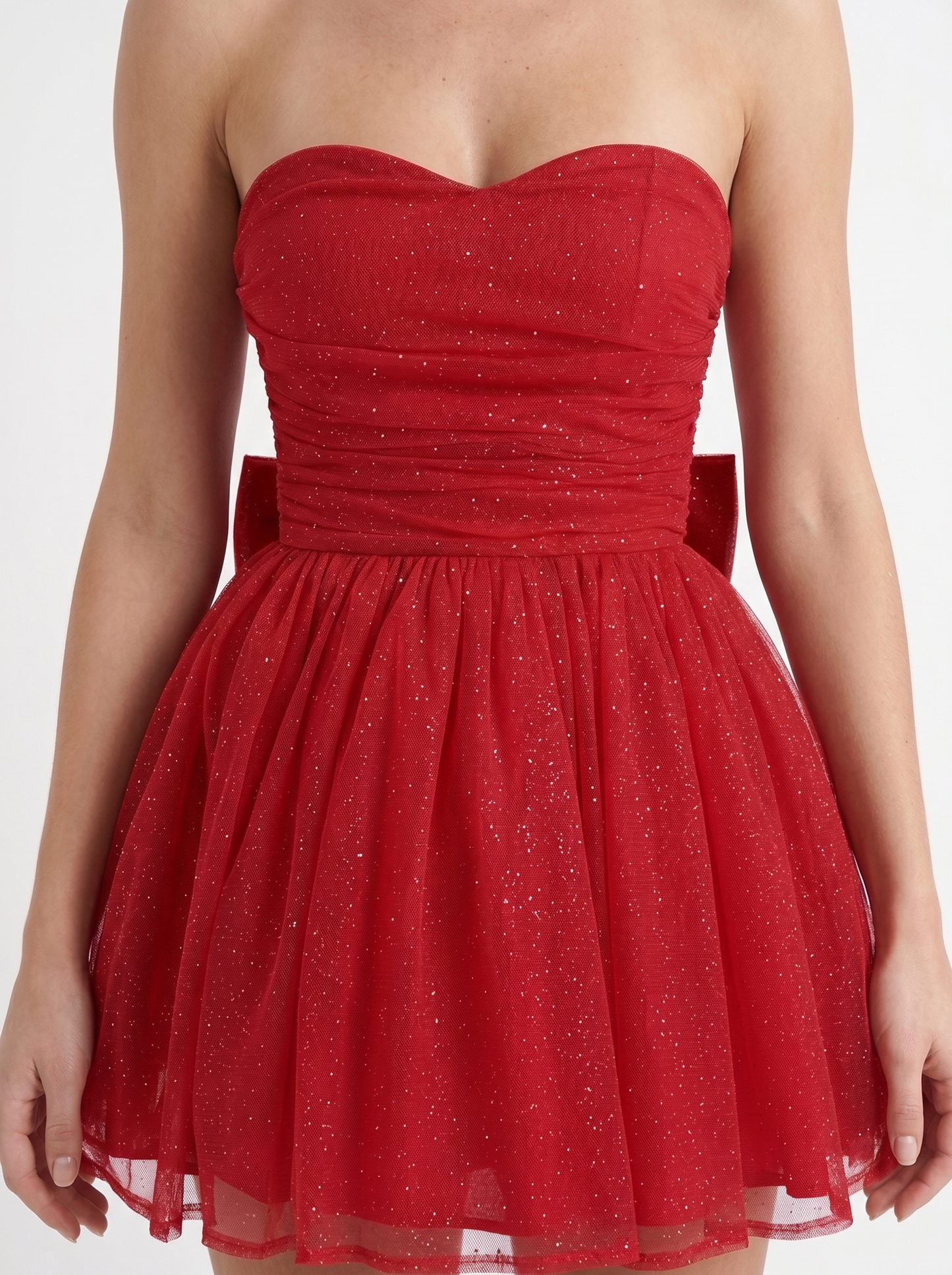 Women red sequin sparkle mini dress closeup of ruched bodice and sequin shimmer