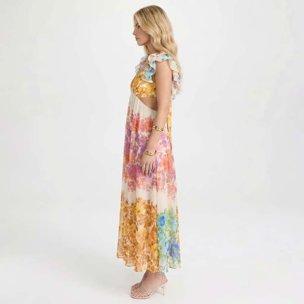 Multicolor floral maxi dress — side profile highlighting ruffled straps and free-flowing silhouette.