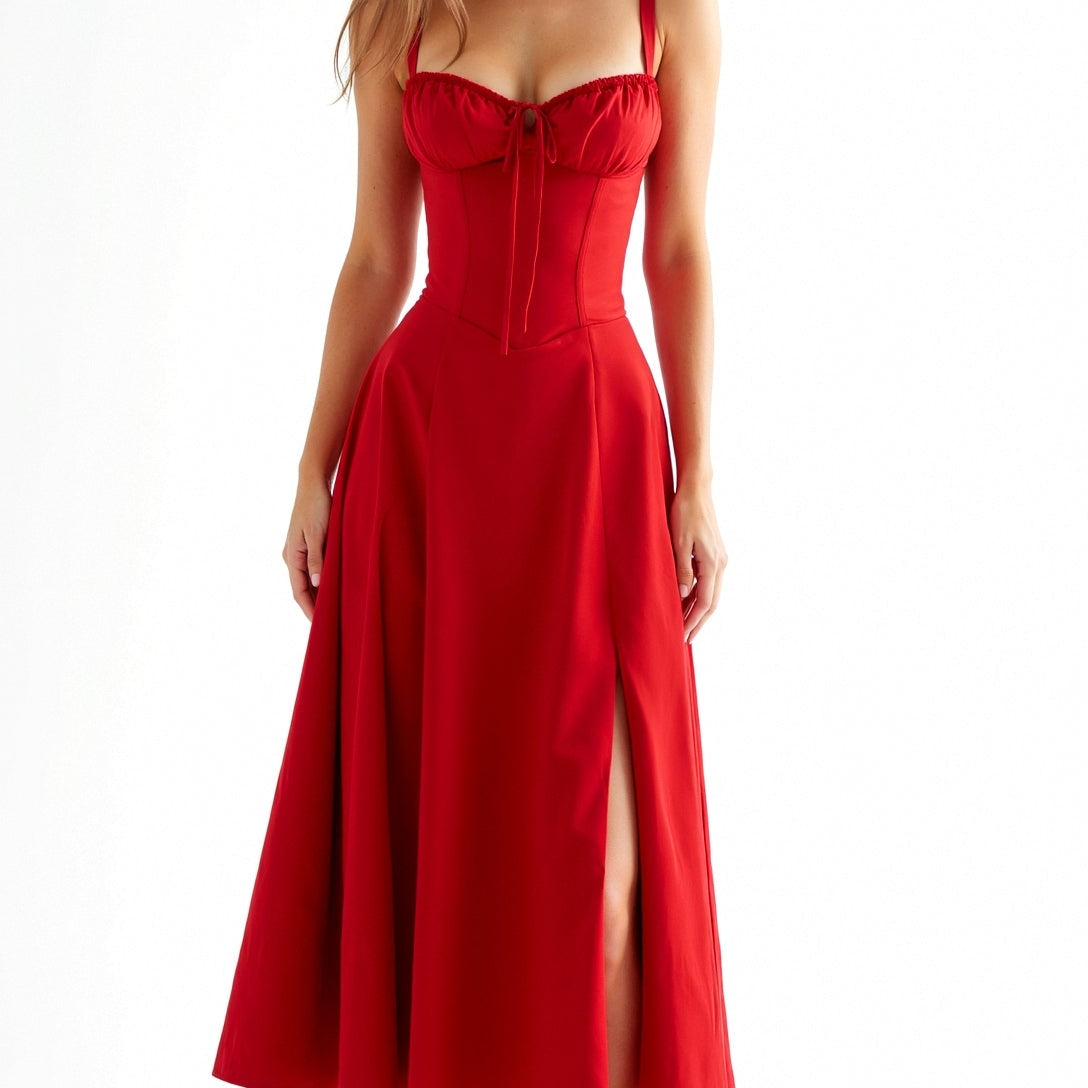 Women’s Sweetheart Neck Midi Dress with Side Slit