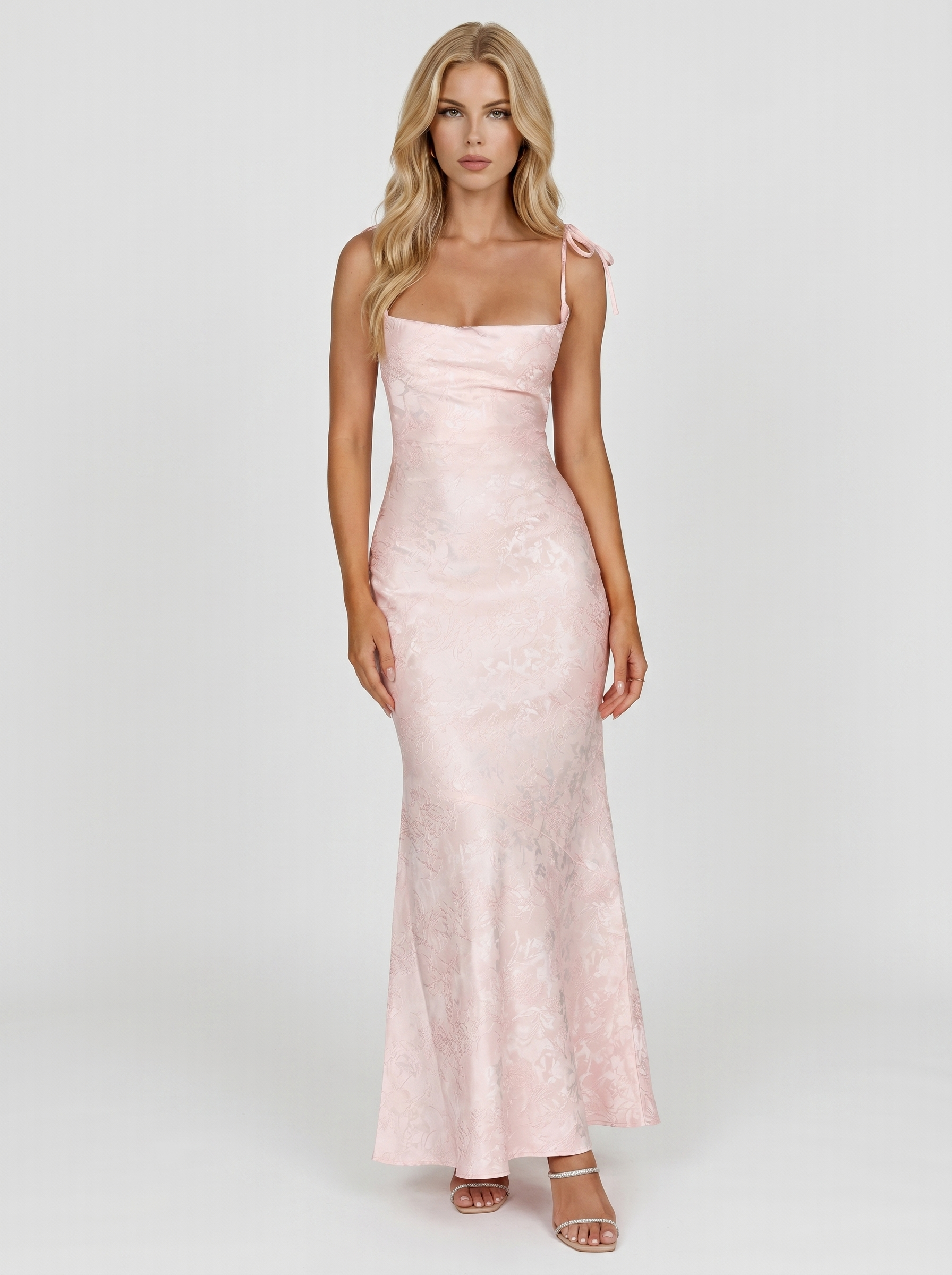 Aria Cowl Neck Textured Satin Bodycon Maxi Dress - Blush - S - Fashion