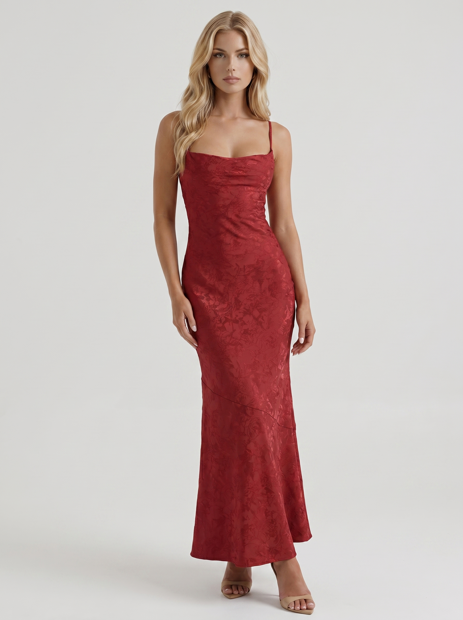 Aria Cowl Neck Textured Satin Bodycon Maxi Dress - Red - S - Fashion