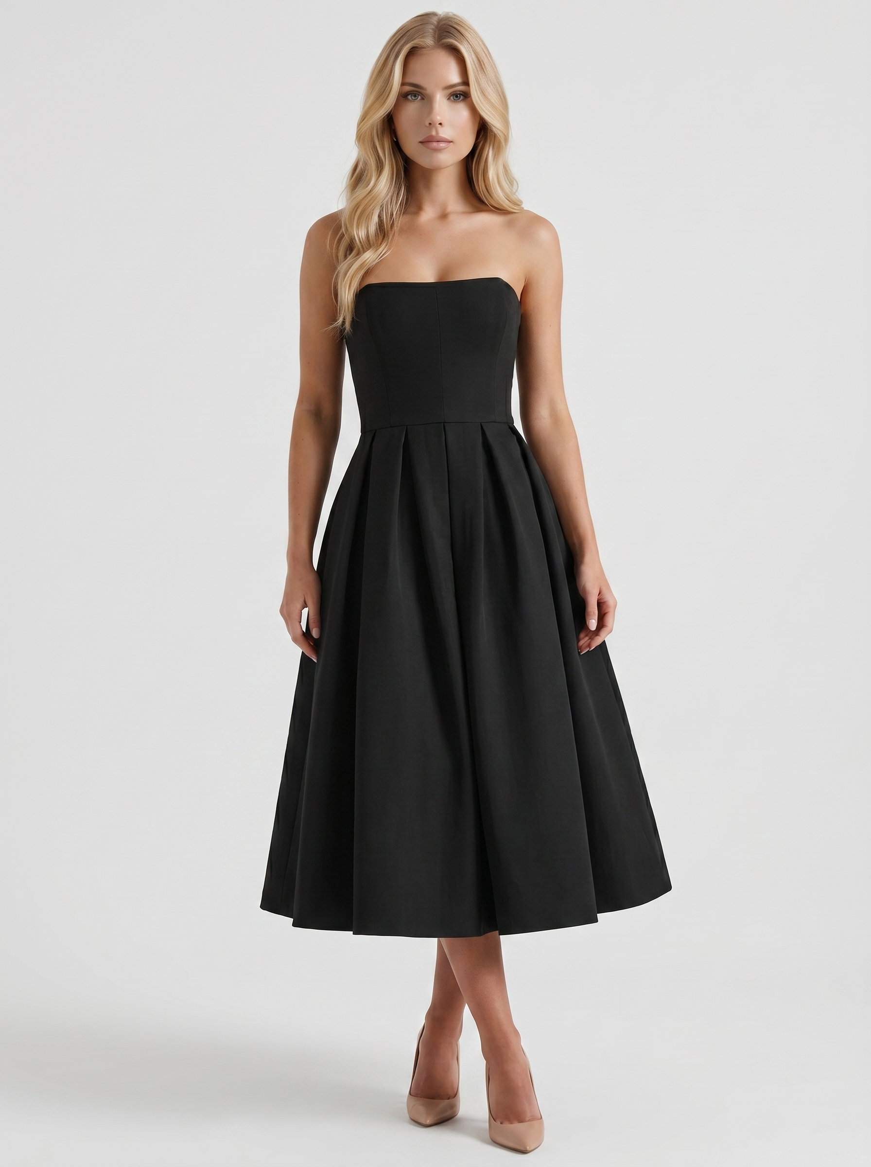 strapless fit and flare midi dress Women's Black Pleated Wedding Guest – Kaylas Collectives Size:S (UK 8-10 / US 4-6) Women's Square Neck Dress flexible fit Bold lava __tab1:details-cameron-dress