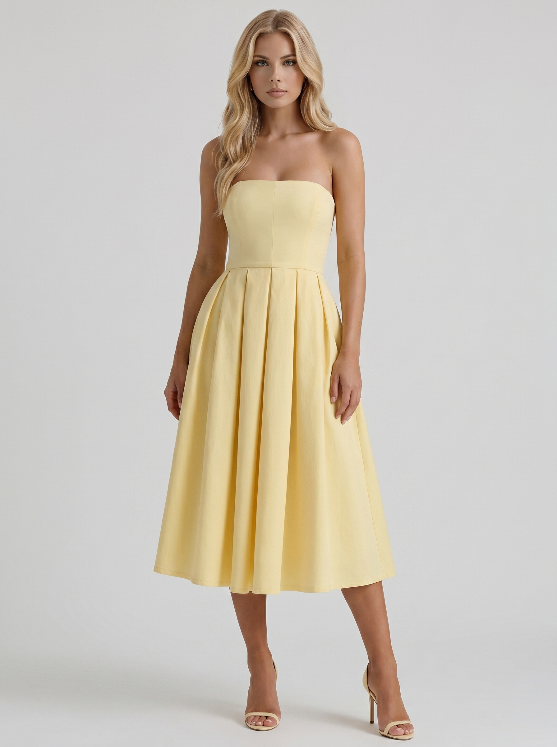 strapless midi wedding guest dress Audrey Pleated A Line - Lemon - XS - Fashion Color:Reef colour2026se Crafted to combine style The Brilliant Blue Royal