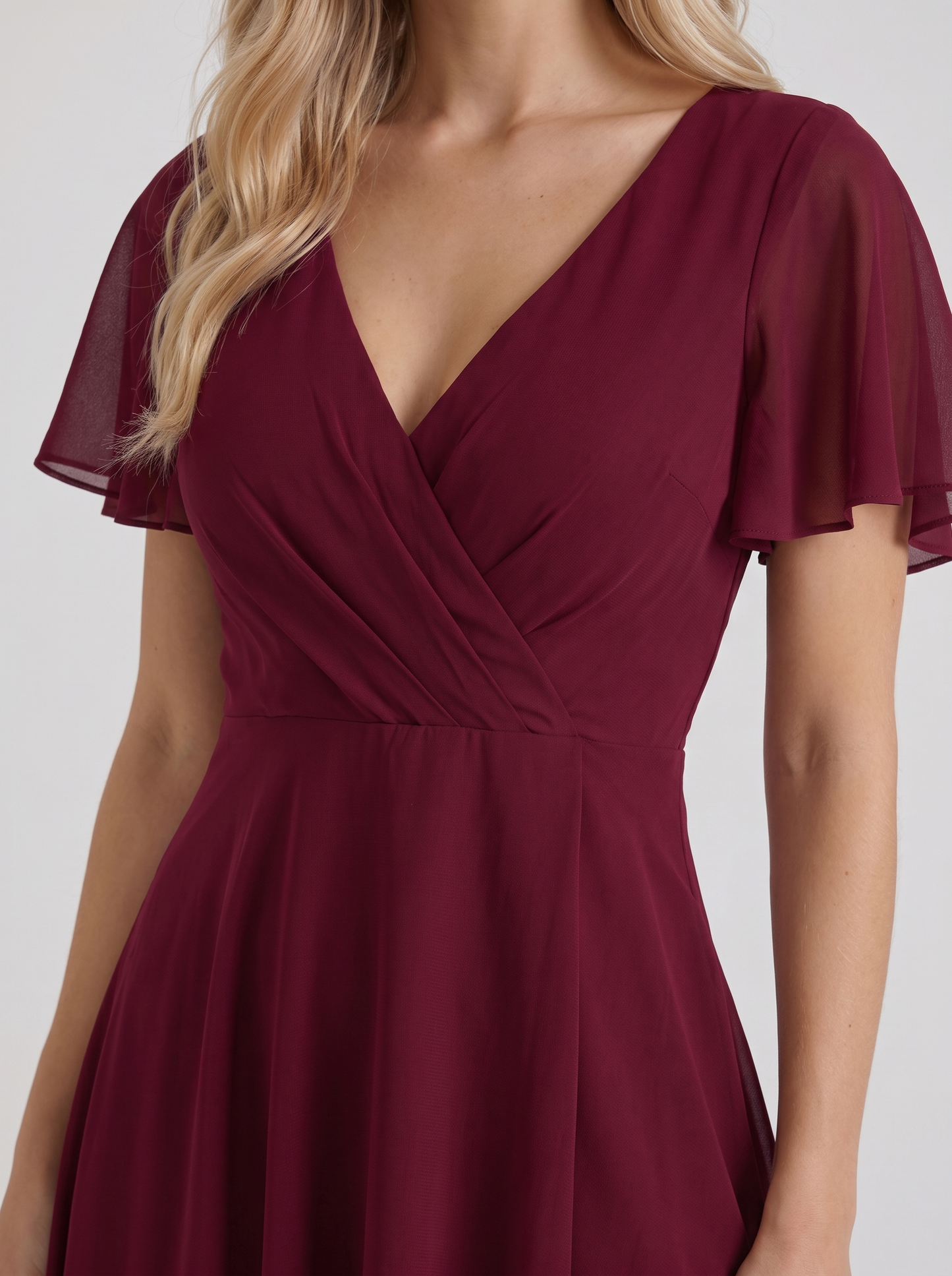 Women red midi dress with wrap v neckline and flutter sleeves