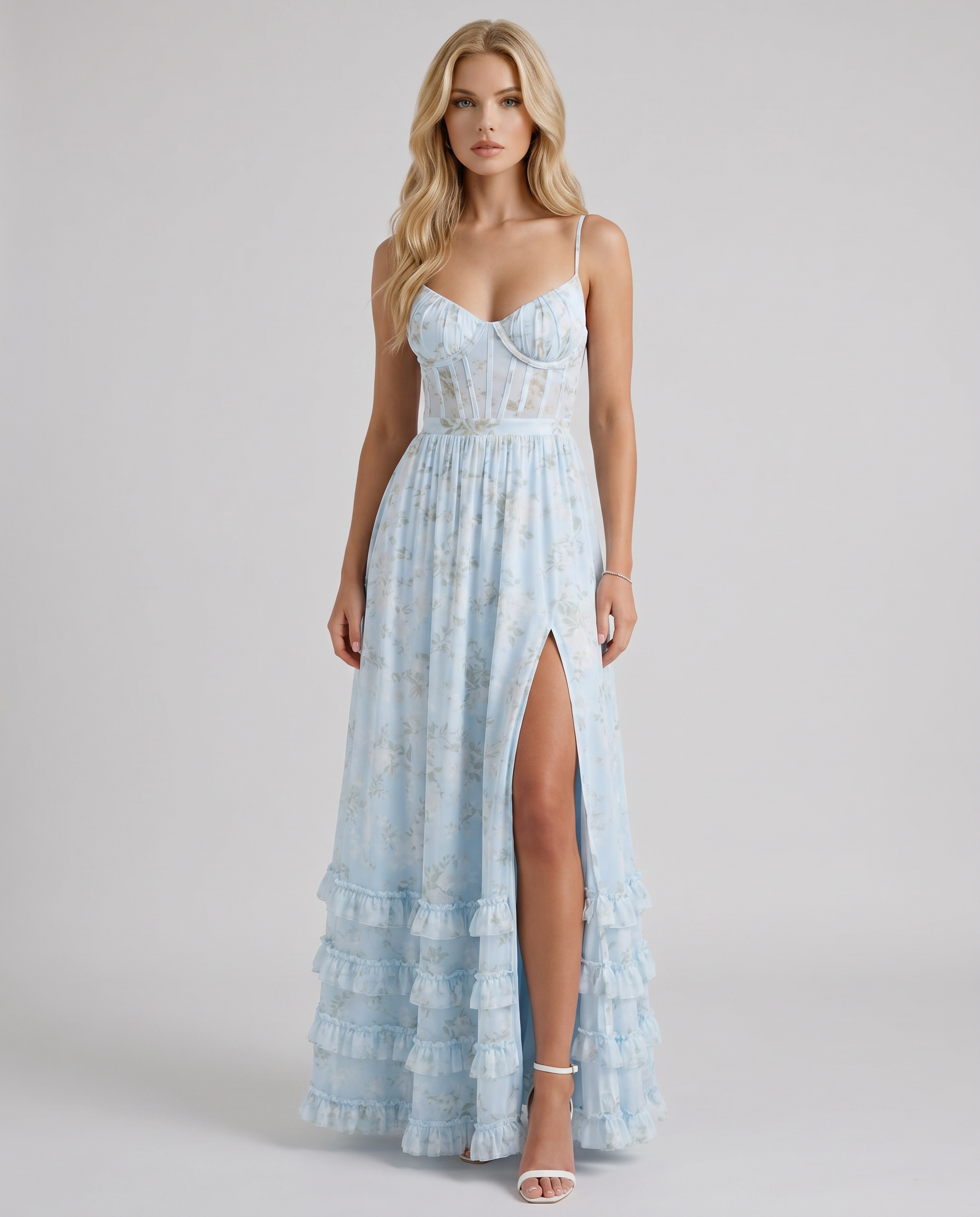 Dahlia Floral Corset Maxi Dress - Blue - XL - Fashion