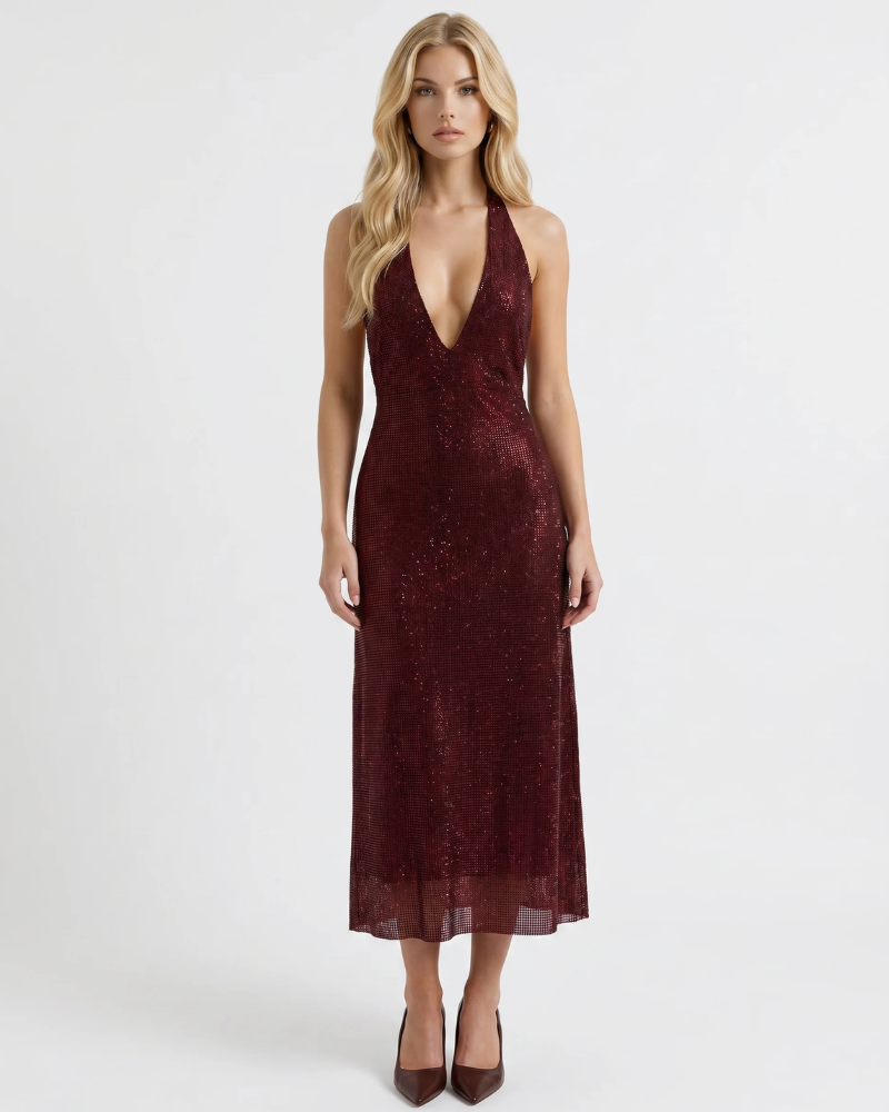 Emily Sequin Midi Dress - Burgundy - S - Fashion