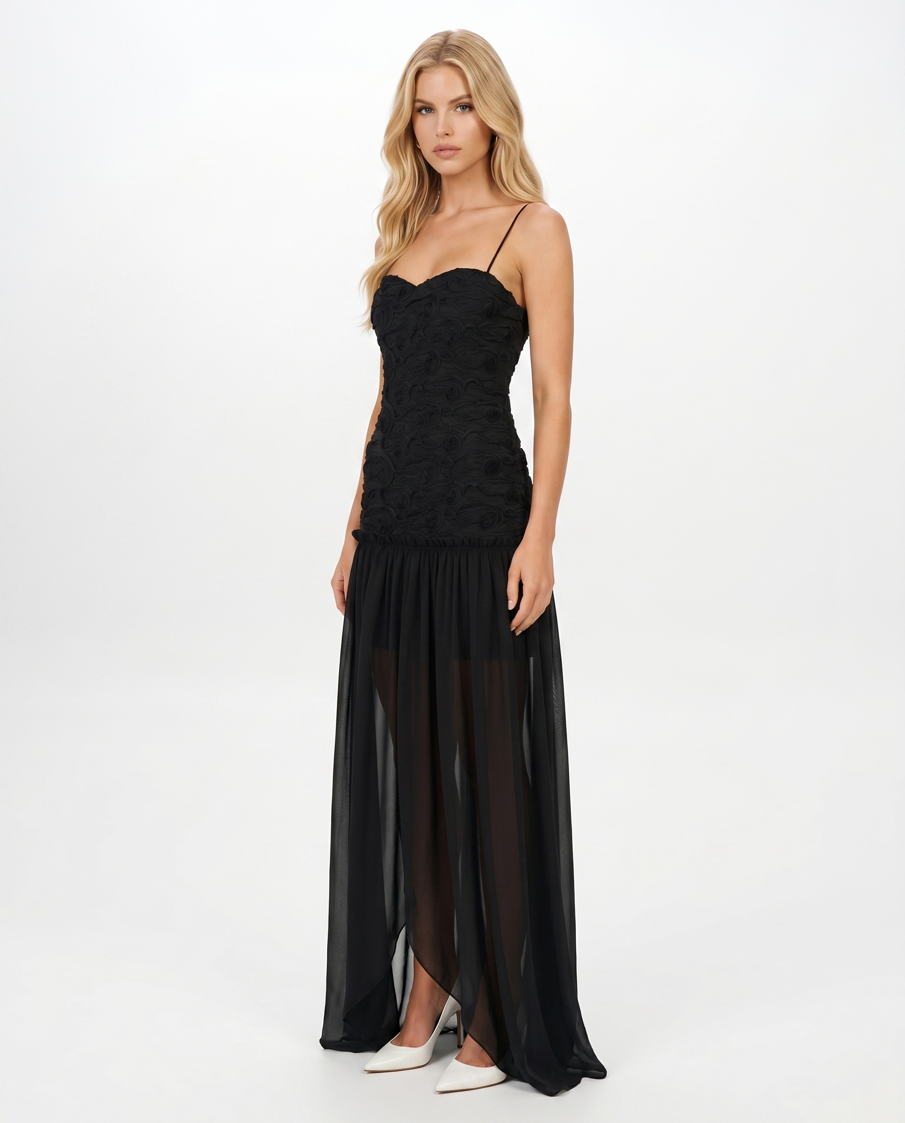 ruched wedding guest dress Royal Blue Square Neckline with Split covered whole body with mesh Women's Black Strapless Ruched Wedding