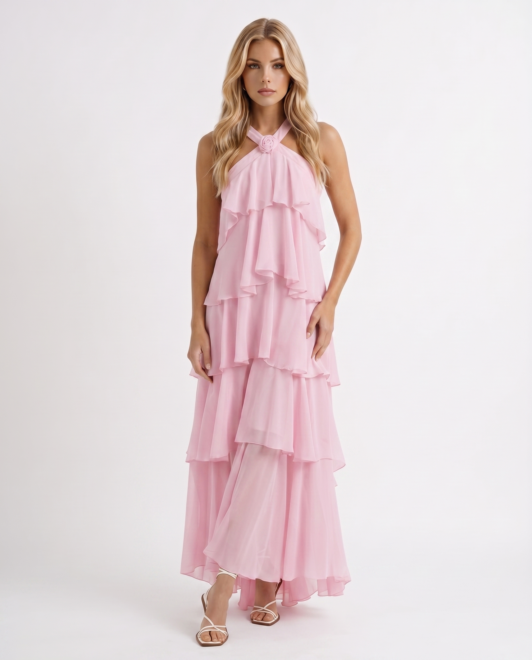 felicia ruffle maxi dress Tiered - Pink - S - Fashion Maxi length The Felicia SIZE:UK 10 Puff short sleeve Miley Pocket Detail Knit