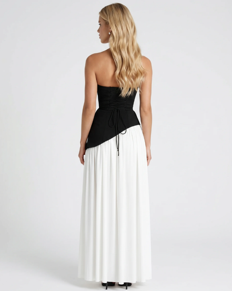 Genevieve Strapless Asymmetric Maxi Dress - Black & White