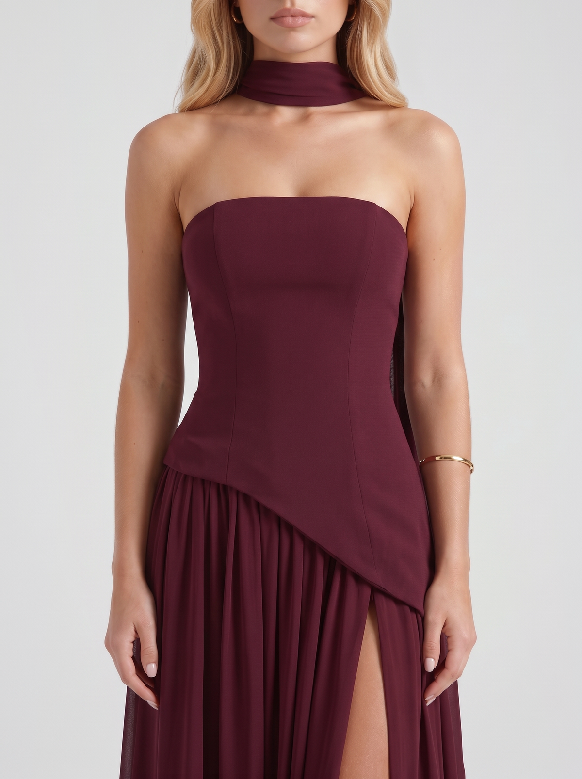 Genevieve Strapless Asymmetric Maxi Dress - Burgundy