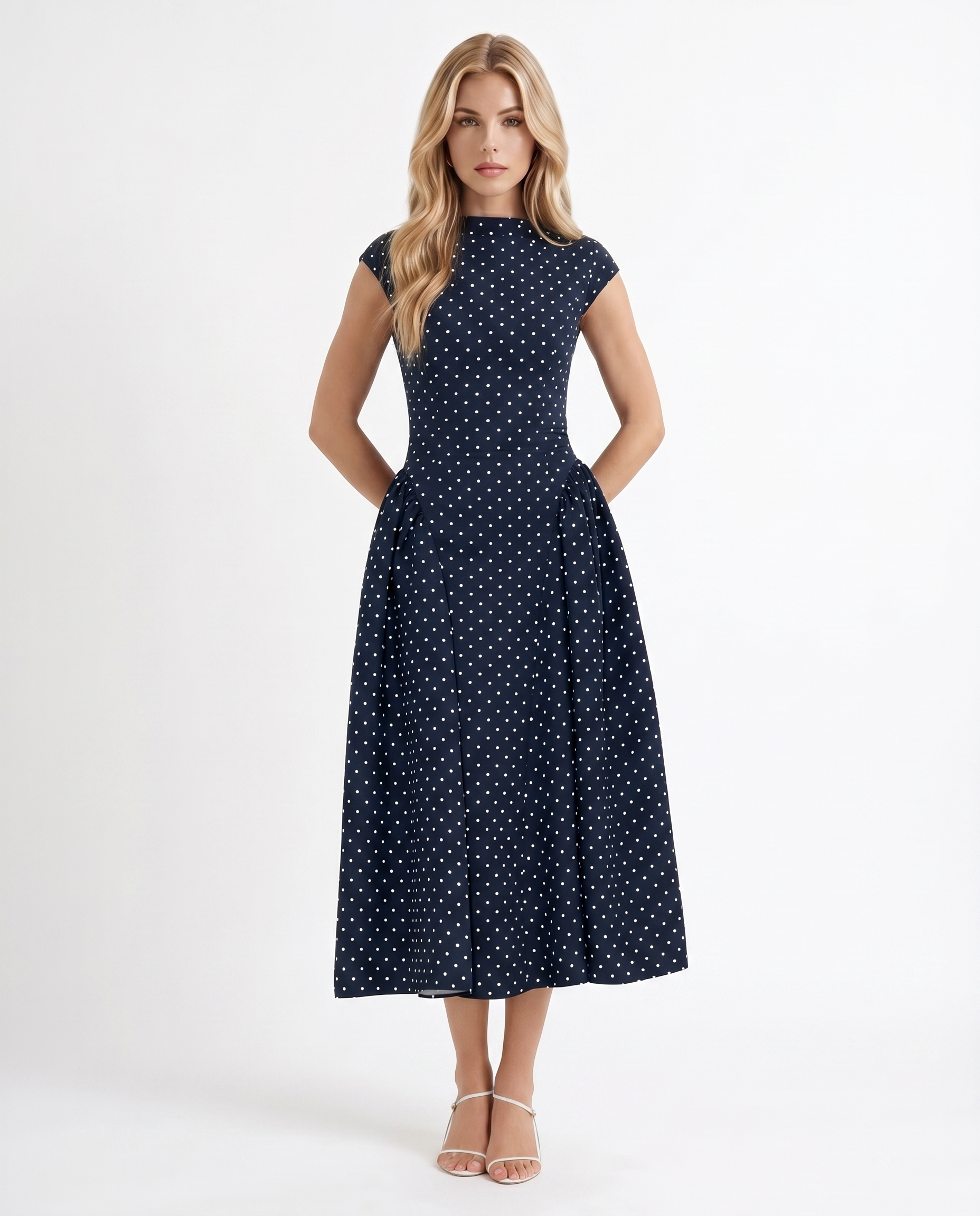 Greer Polka Dot Midi Dress - Navy - XS - Fashion