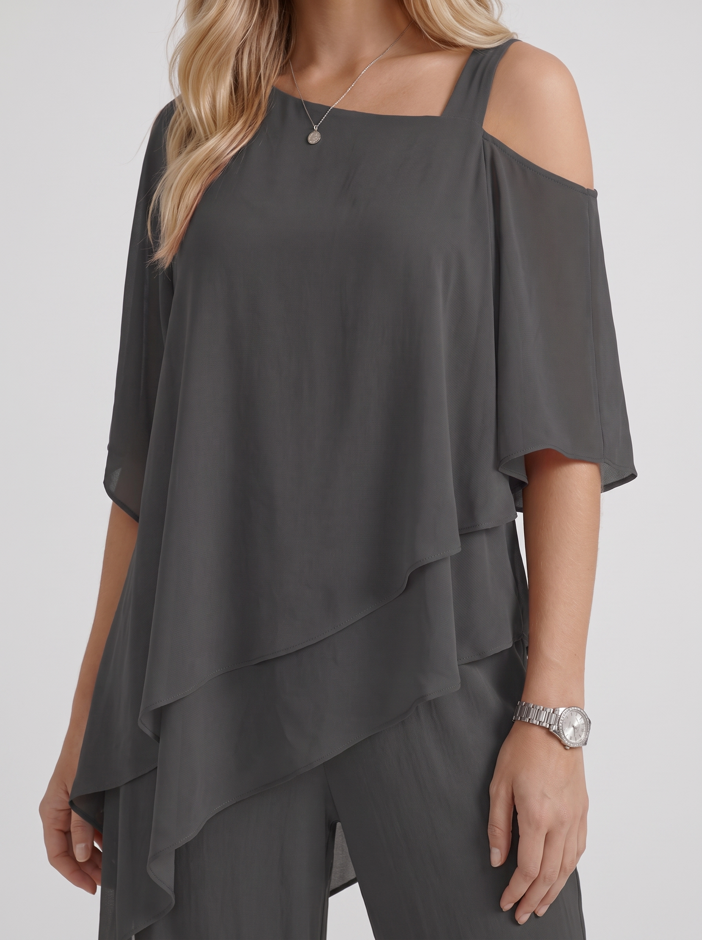Women black pants two piece set with cold shoulder top and matching pants
