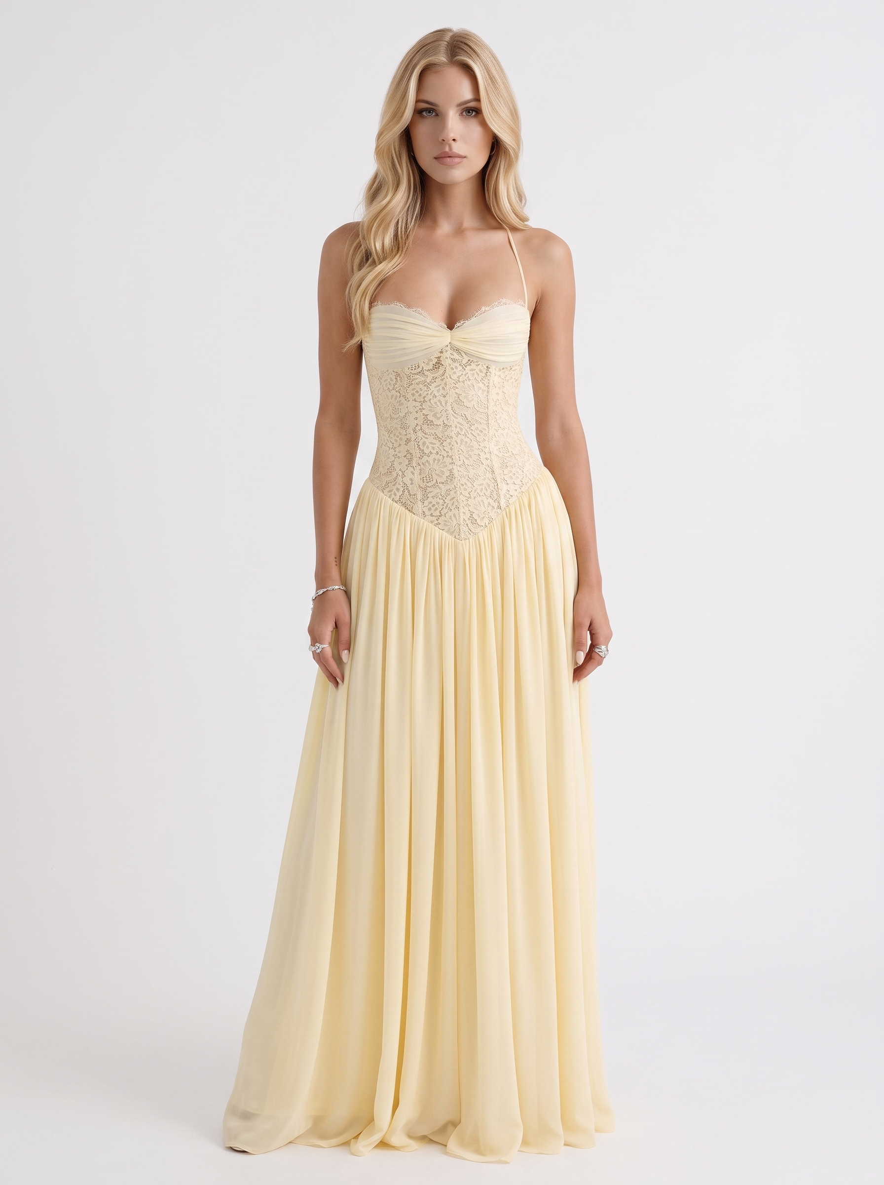 Women's Butter Yellow Corset Prom Wedding Guest Maxi Dress
