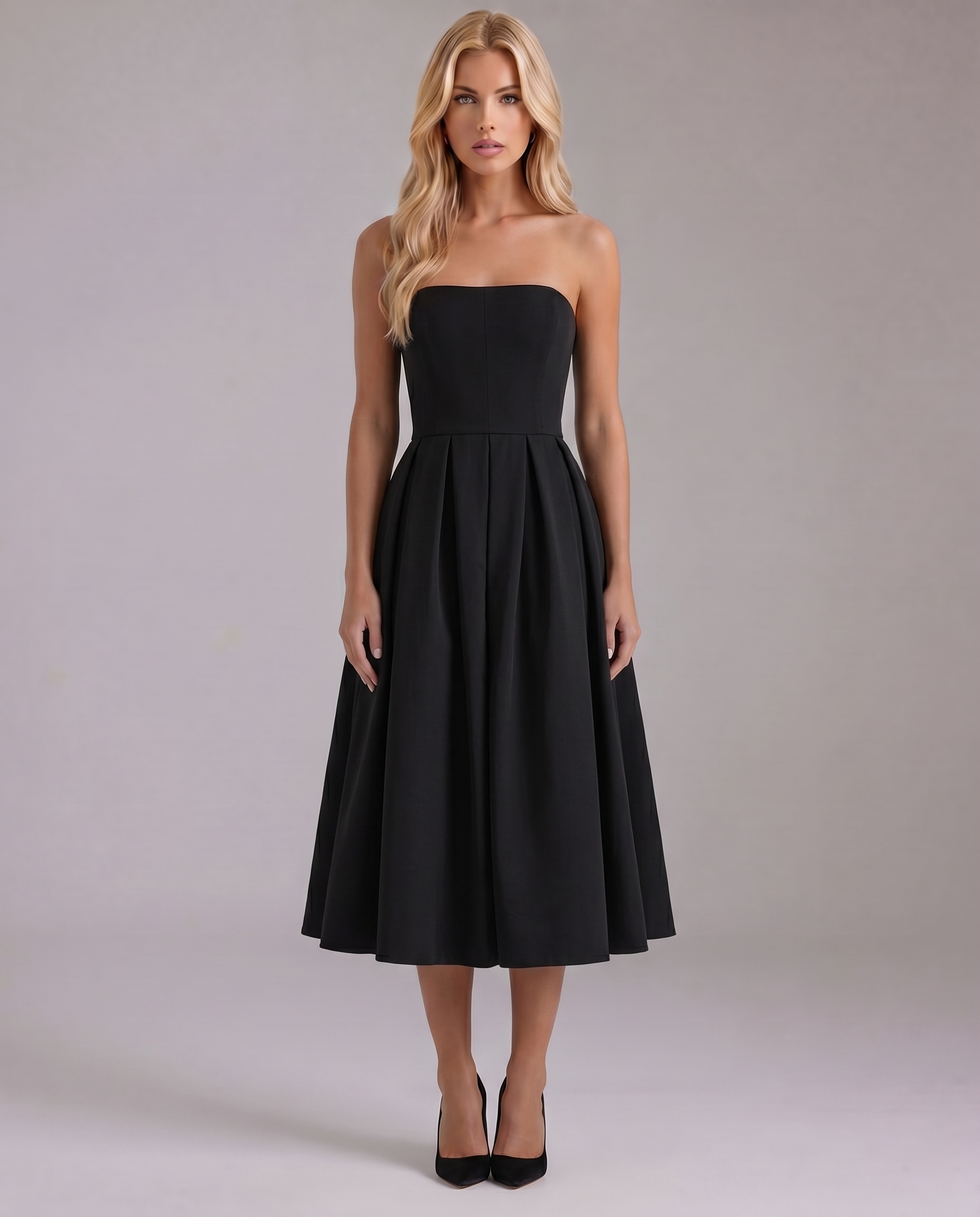 Women's Black Strapless Fitted Cocktail Party Midi Dress – Kaylas Collectives