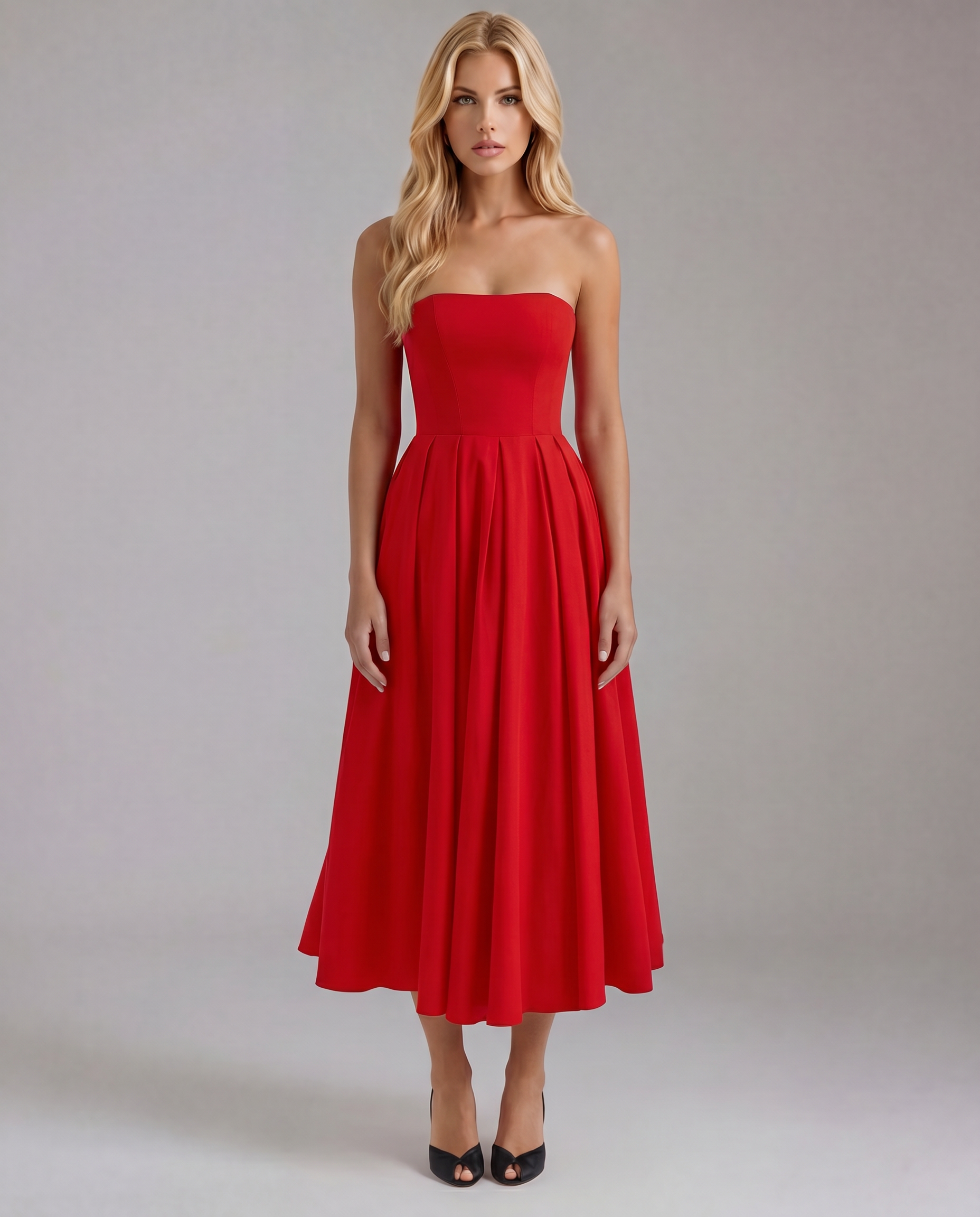 Juliana Strapless Midi Dress - Red - XS - Fashion
