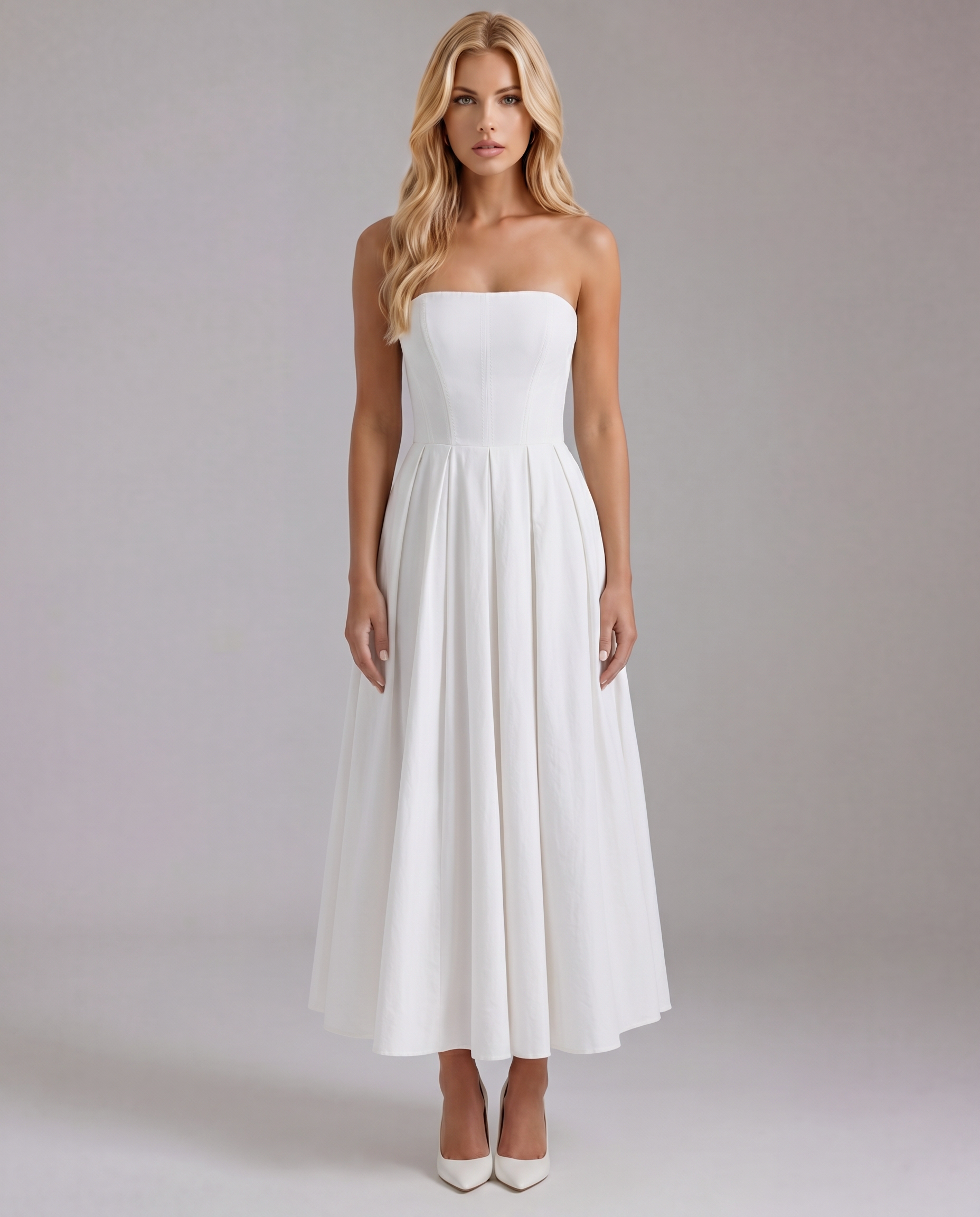 strapless fitted midi dress Blush Pink Strapless Midi Dress with Side Slit