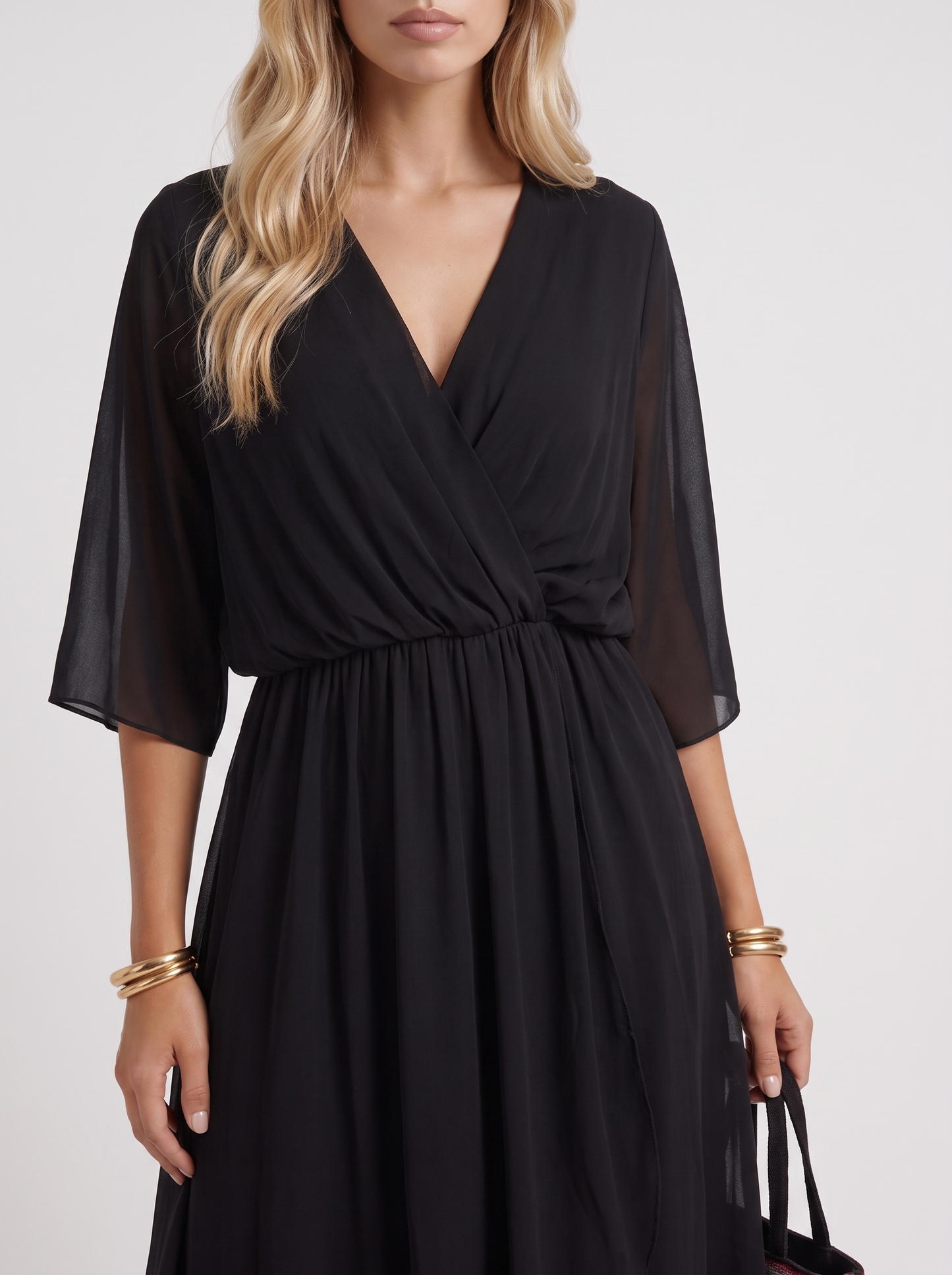 Women black midi dress with surplice wrap neckline and kimono sleeves