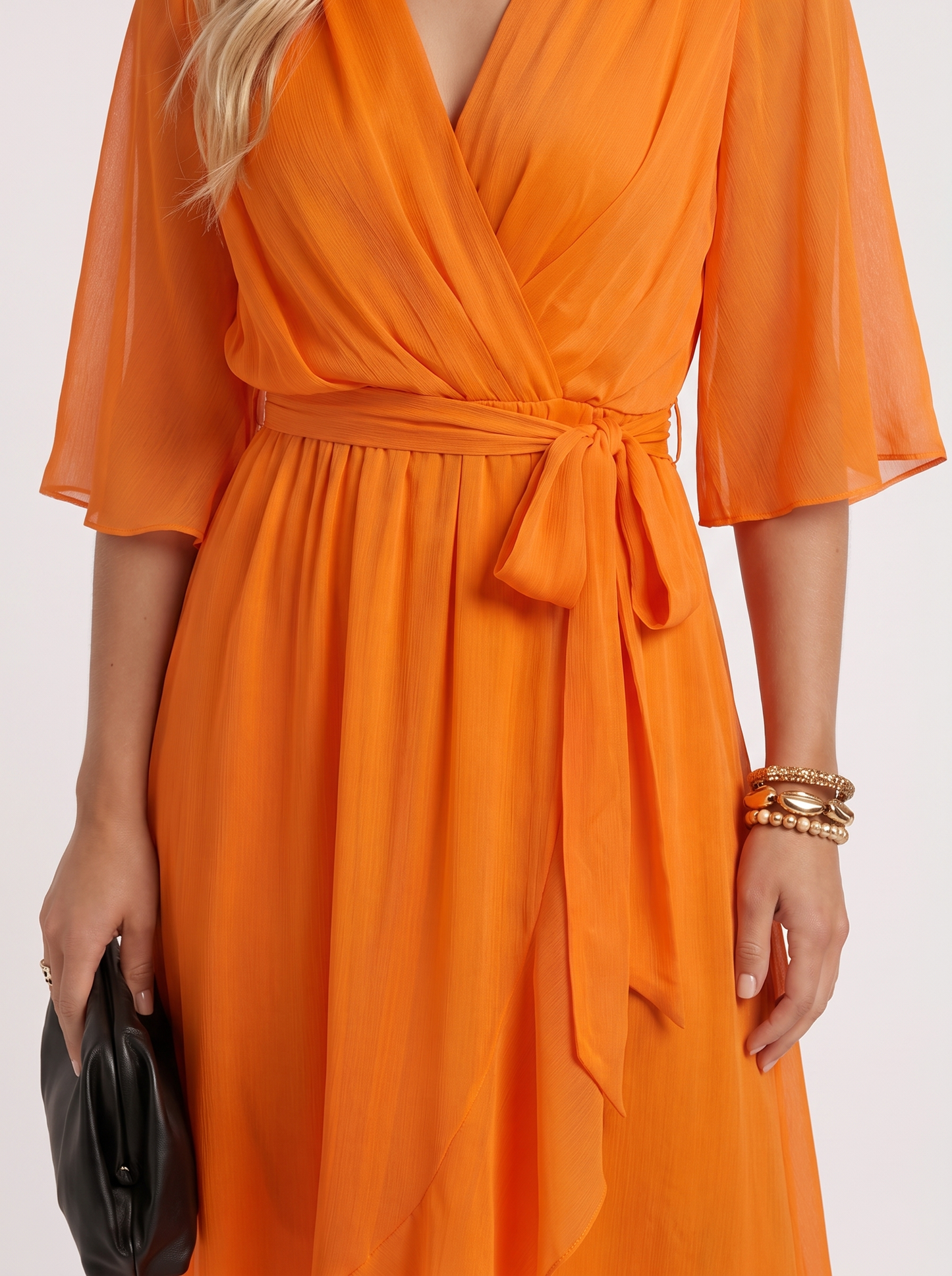Women orange midi dress with surplice wrap neckline and kimono sleeves