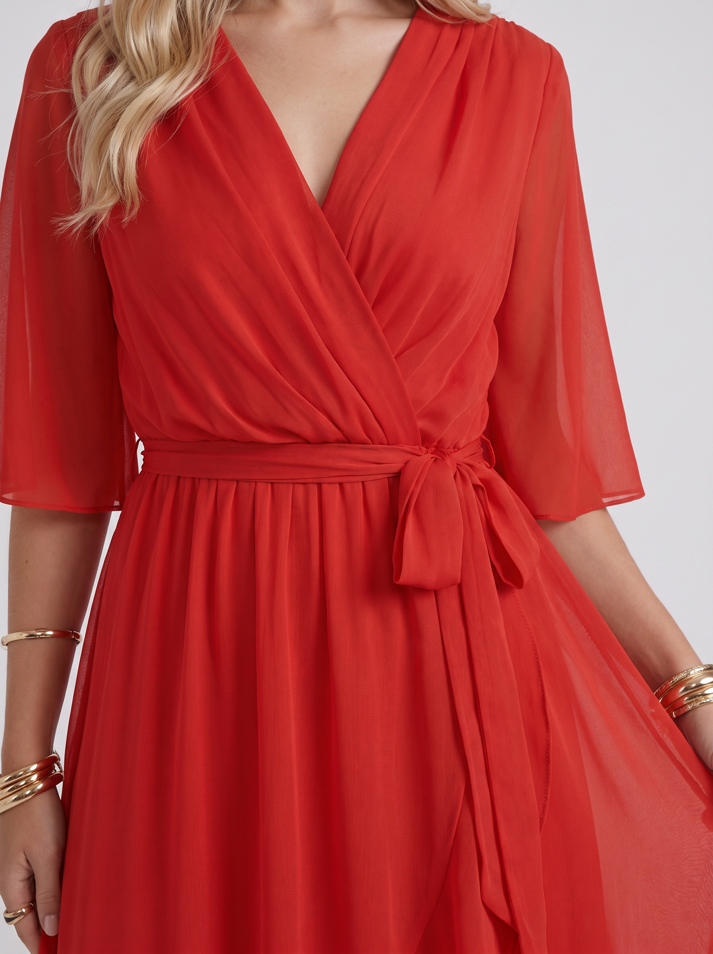 Women red midi dress with surplice wrap neckline and kimono sleeves