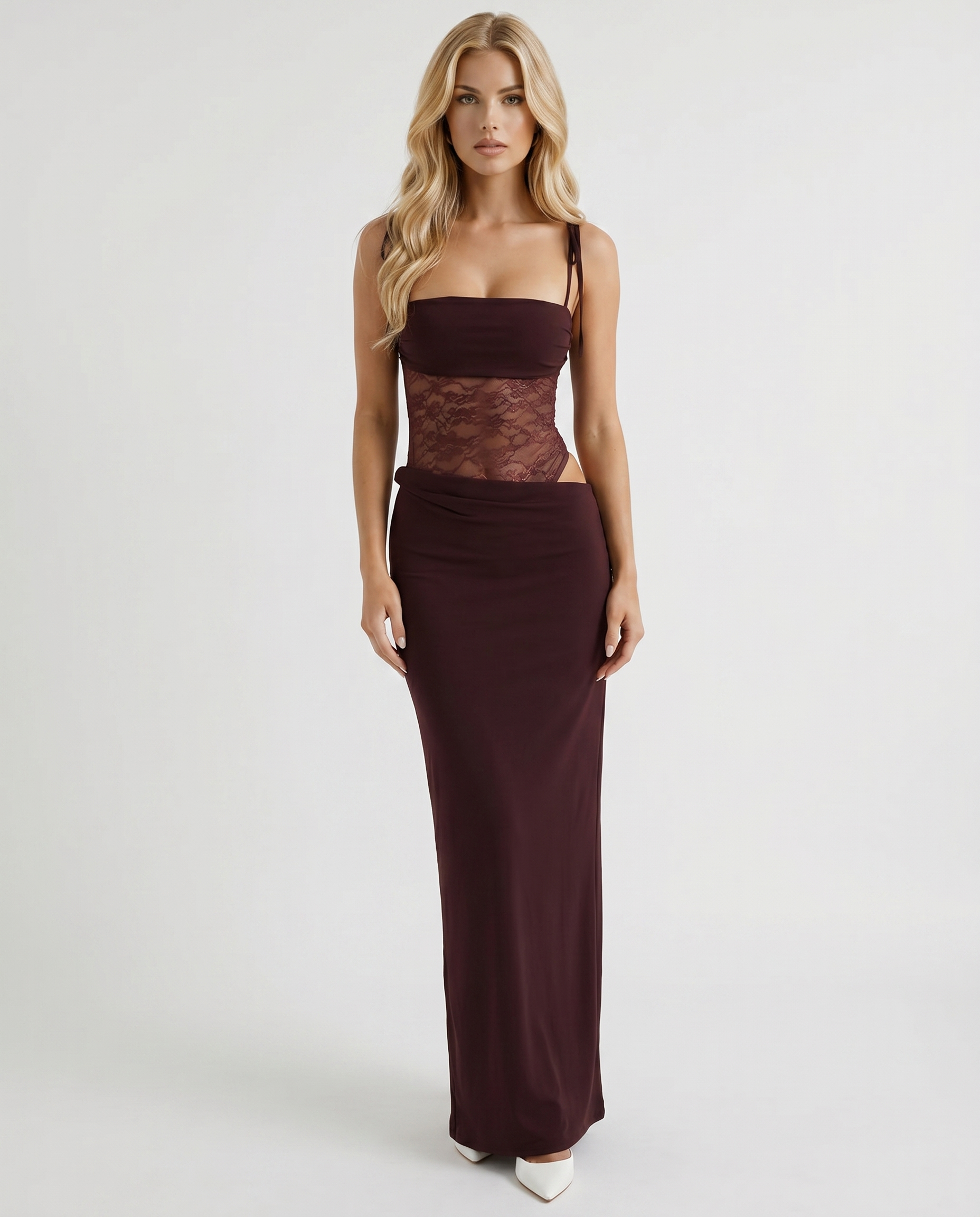 Maren Lace Panel Bodycon Maxi Dress - Burgundy - XS - Fashion