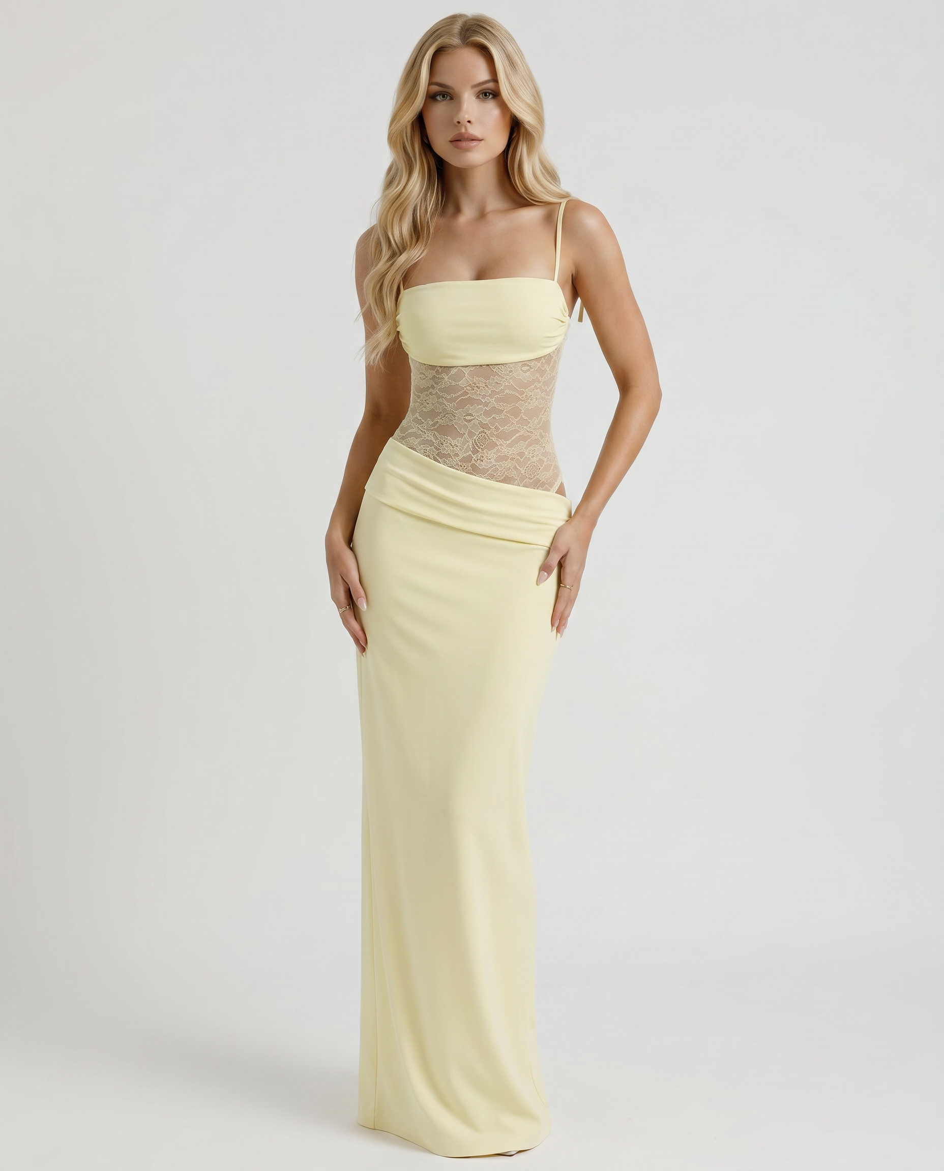 Maren Lace Panel Bodycon Maxi Dress - Yellow - S - Fashion