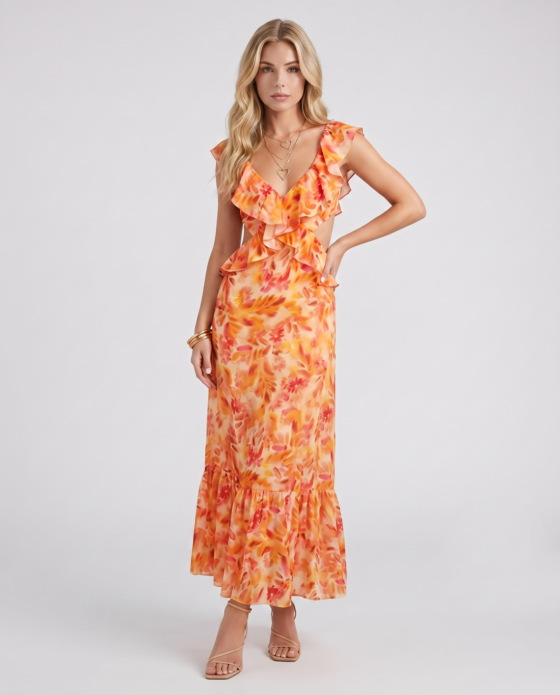 Marisol V Neck Ruffle Floral Maxi Dress - Orange - S - Fashion