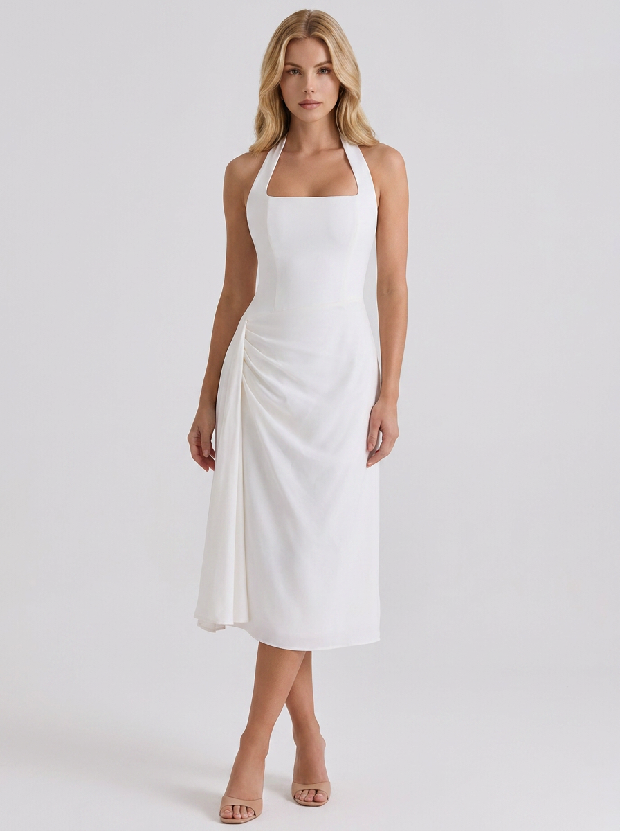 Mia Halter Square Neck Midi Dress - White - XL - Fashion