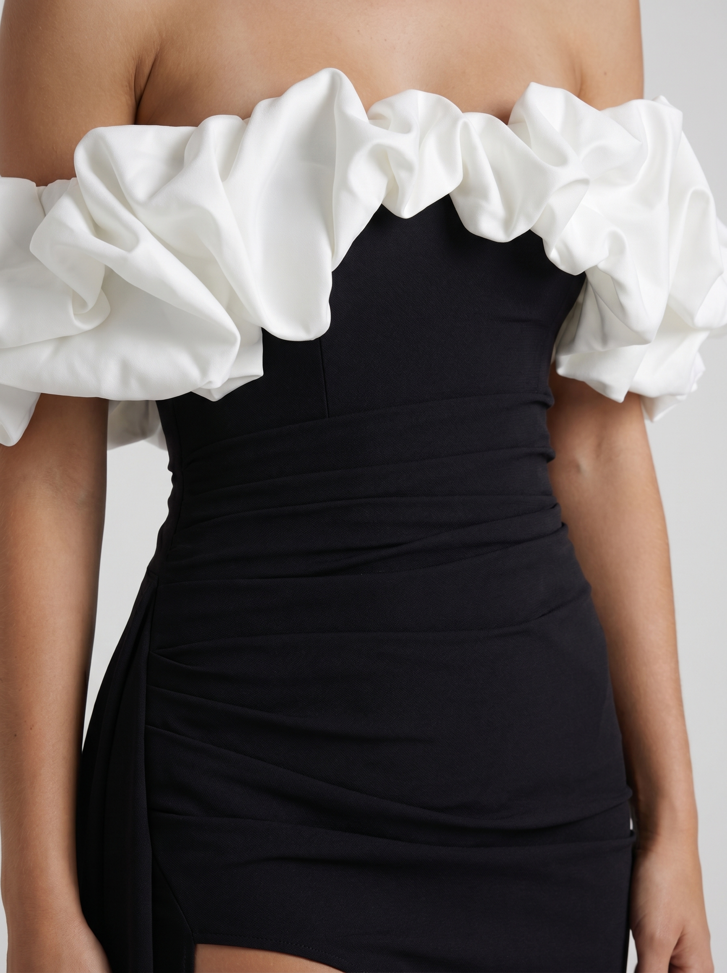 Women black white off shoulder ruffle bodycon maxi dress, detail view