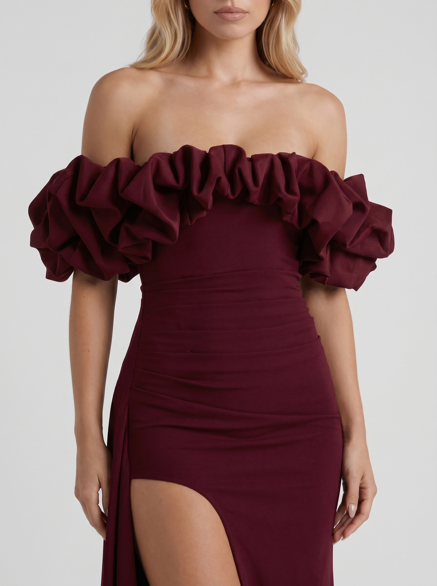 Women cherry red off shoulder ruffle bodycon maxi dress, detail view