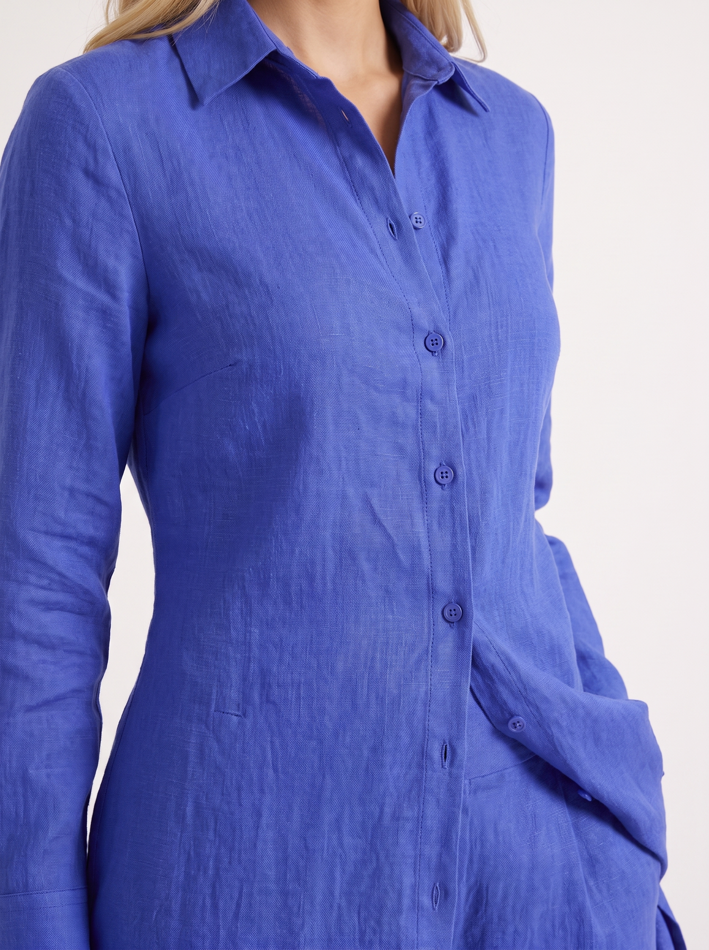 Women blue pants set with long collared shirt and button front
