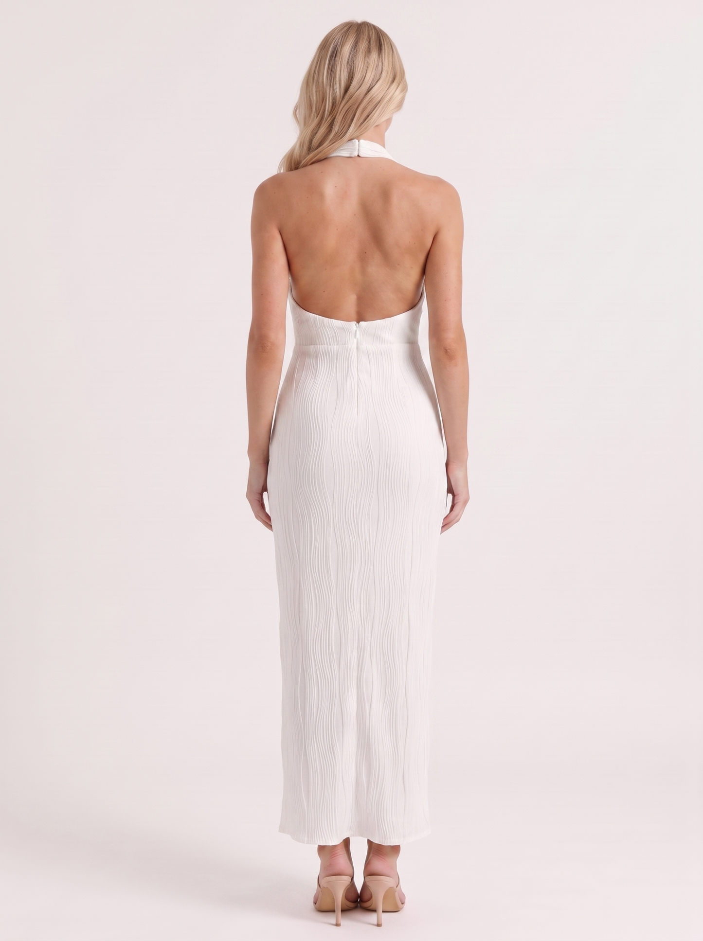 Women white maxi dress with high mock neck and pleated fabric