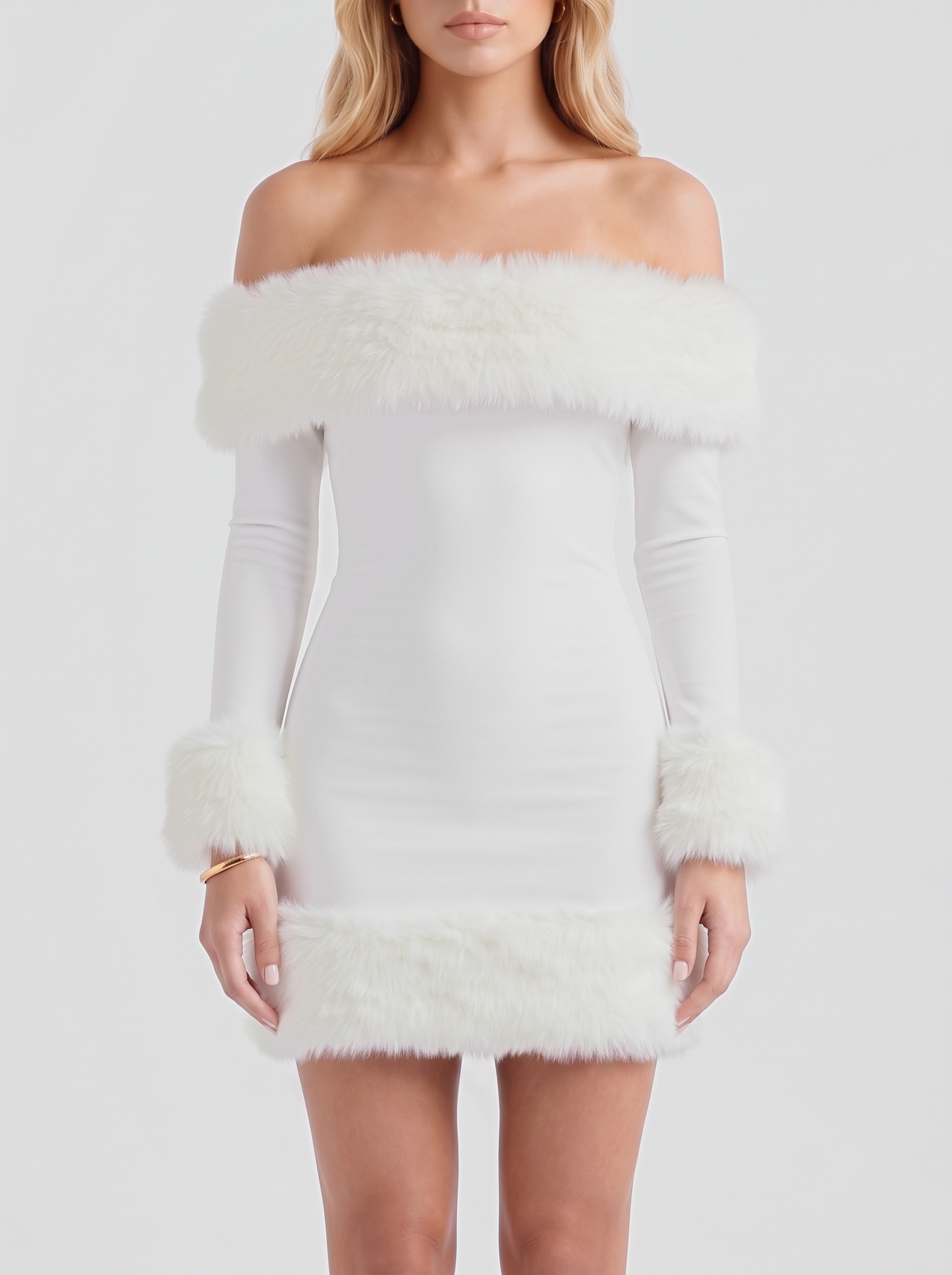 Rosella Fur Mini Dress - White