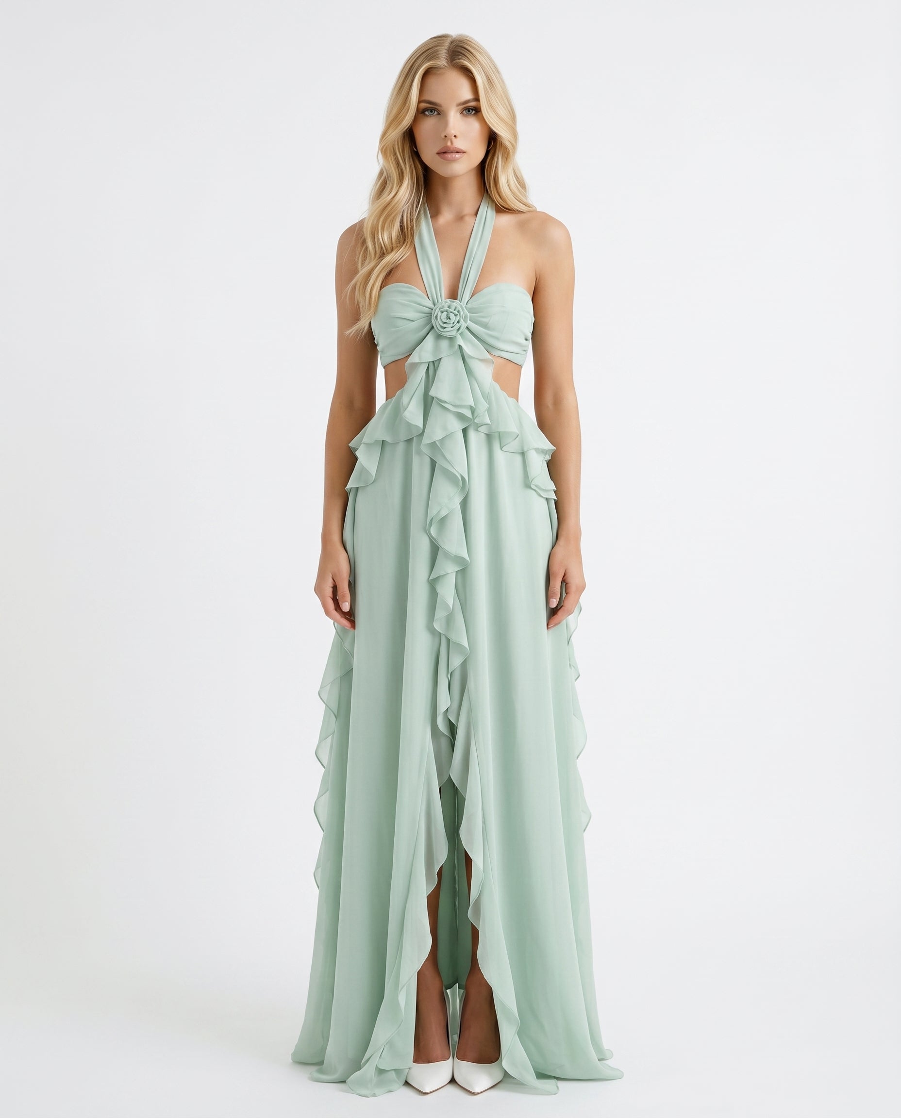 Roselyn Floral Ruffle Cutout Maxi Dress - Green - M - Fashion
