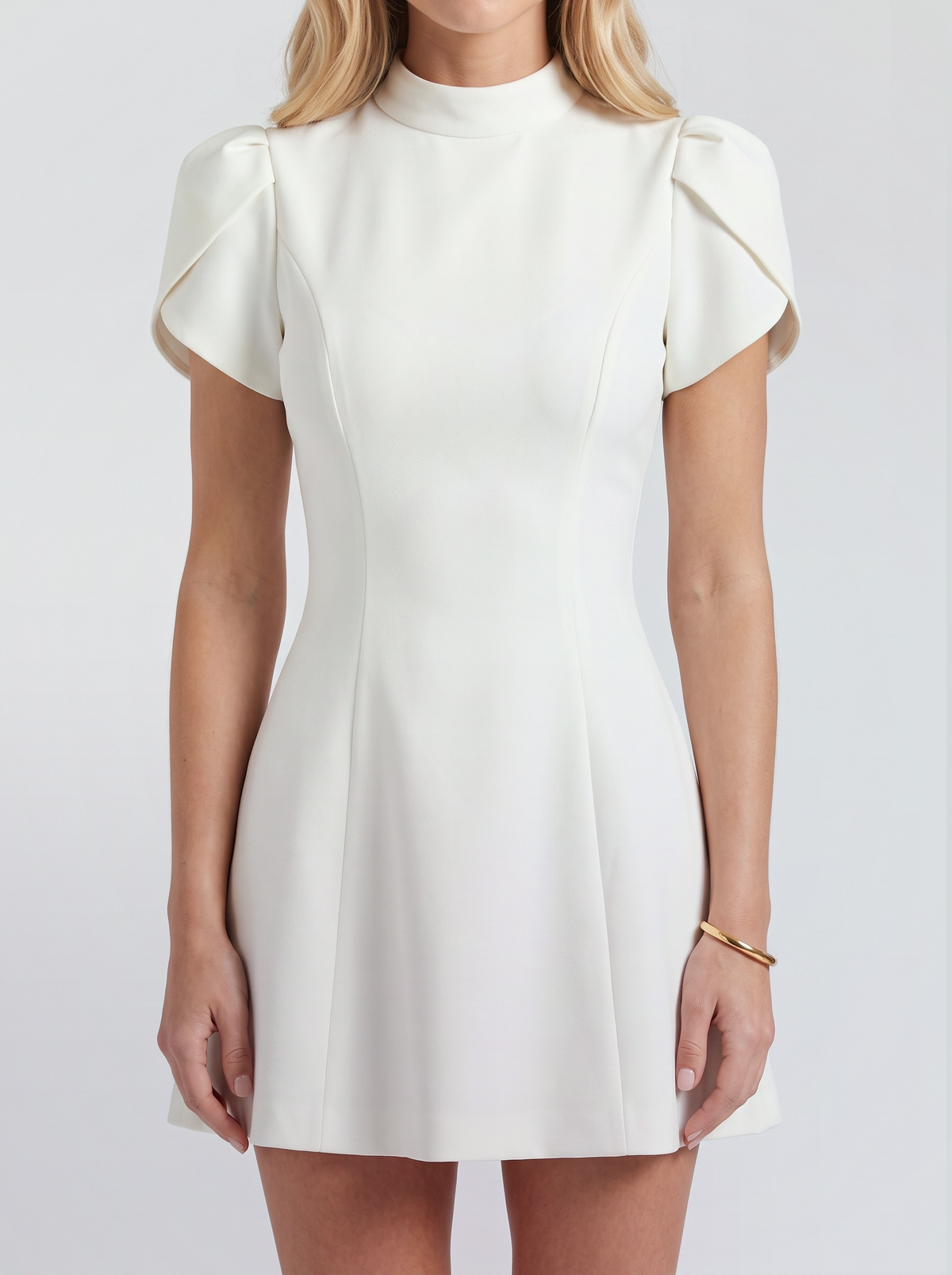 Women white mini dress, close view of the petal cap sleeves