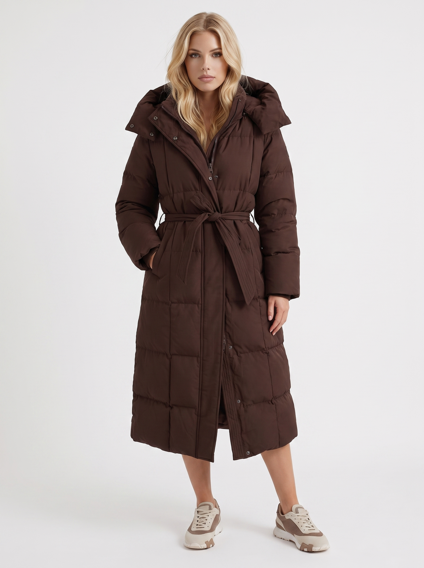 Women brown coat with vertical quilting and hooded design