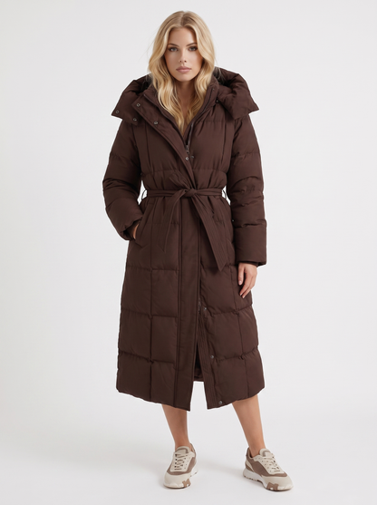 Women brown coat with vertical quilting and hooded design