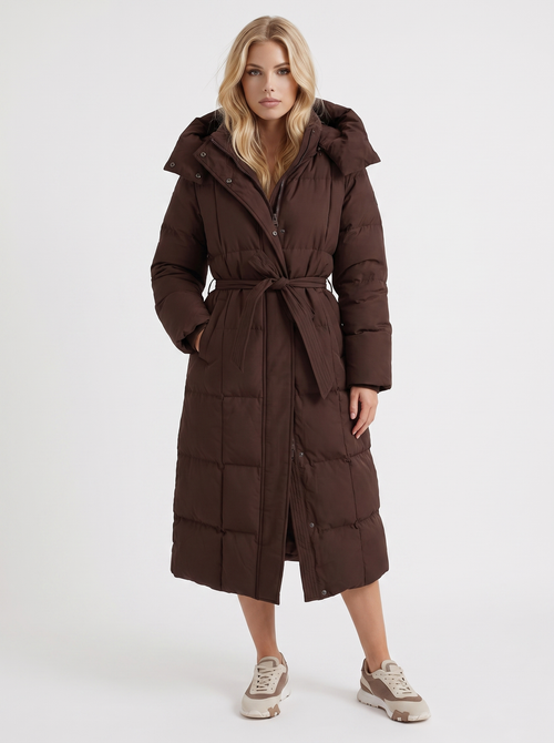 Women brown coat with vertical quilting and hooded design
