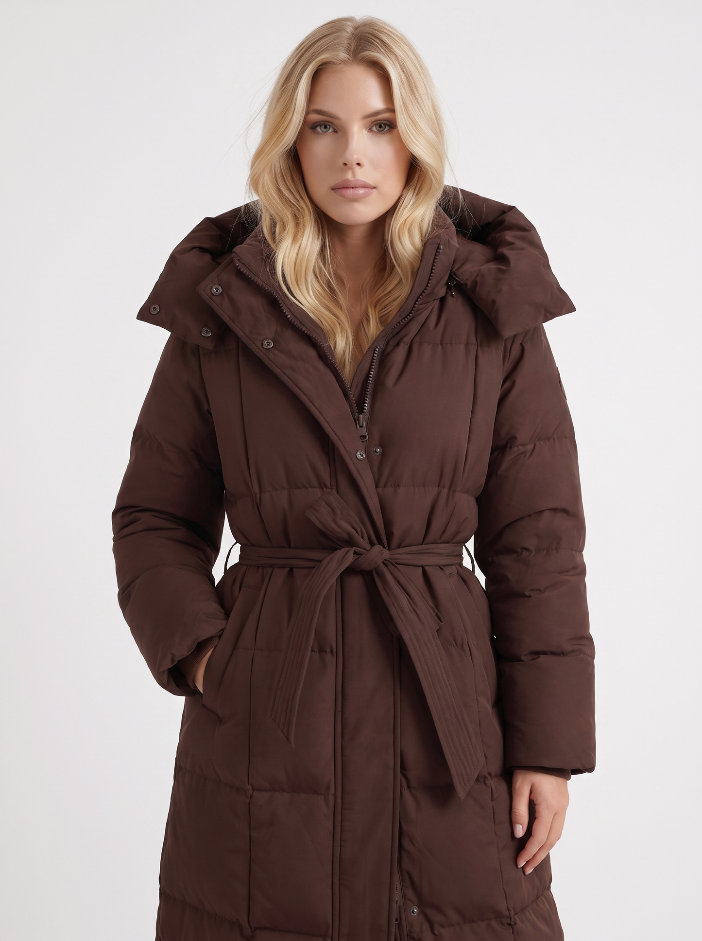 Women brown coat with vertical quilting and hooded design