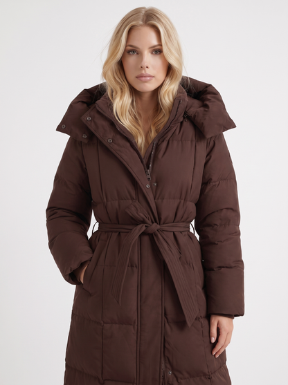 Women brown coat with vertical quilting and hooded design