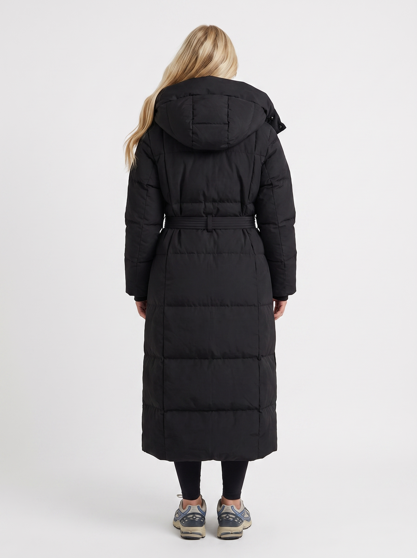 Women black coat with vertical quilting and hooded design