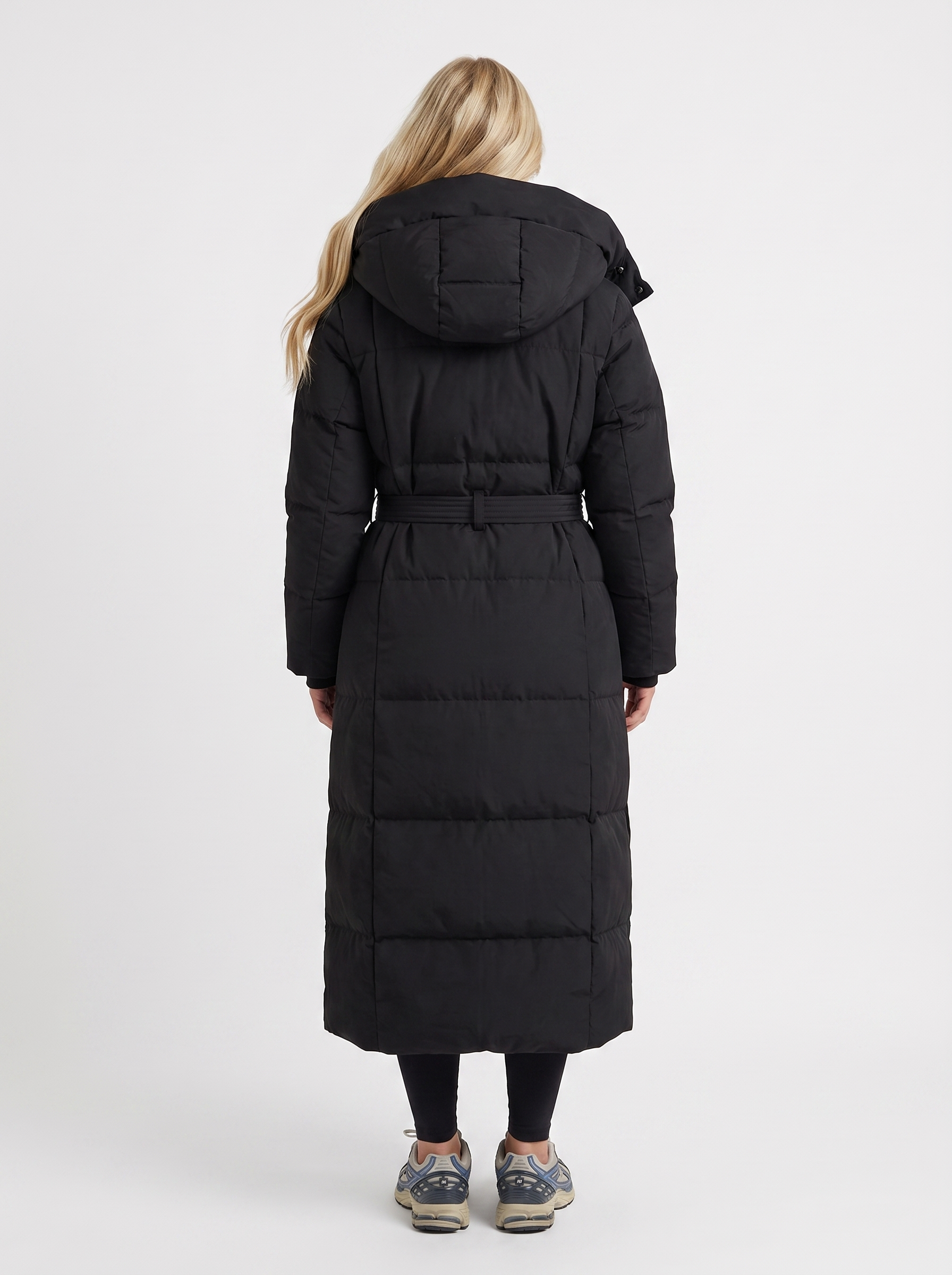 Women black coat with vertical quilting and hooded design