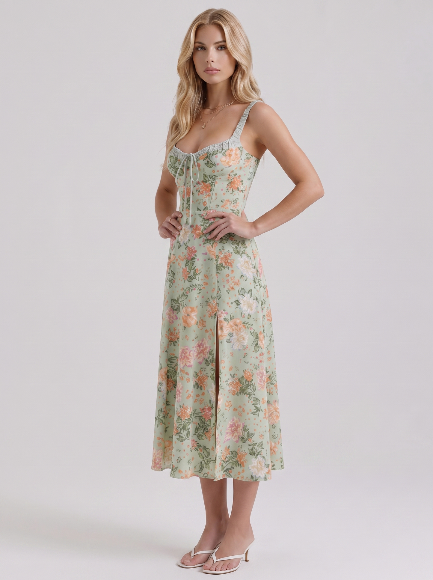 Women green midi dress with floral print and corset bodice