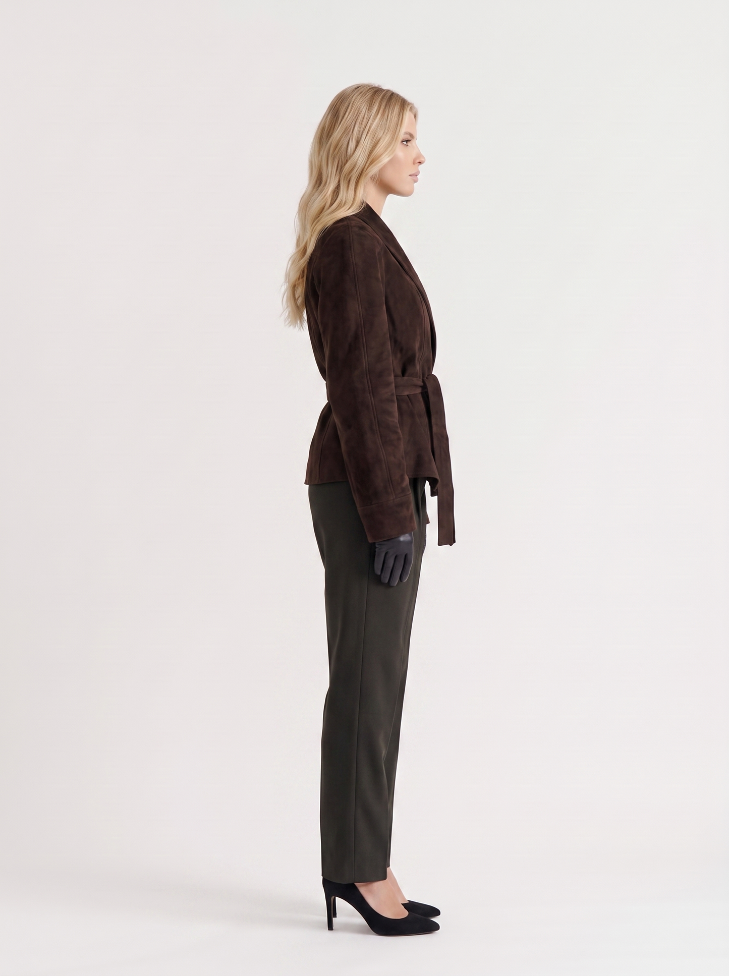 Women dark brown jacket with shawl collar and wrap front