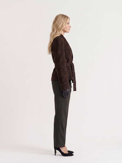 Women dark brown jacket with shawl collar and wrap front