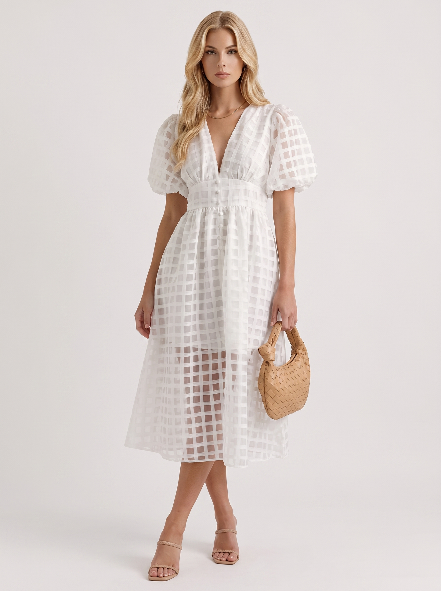 Colette Windowpane Midi Dress in White - midi dress front view