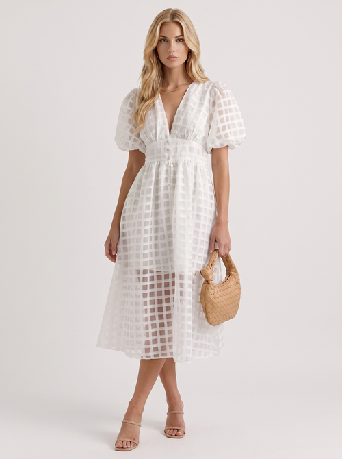 Colette Windowpane Midi Dress in White - midi dress front view
