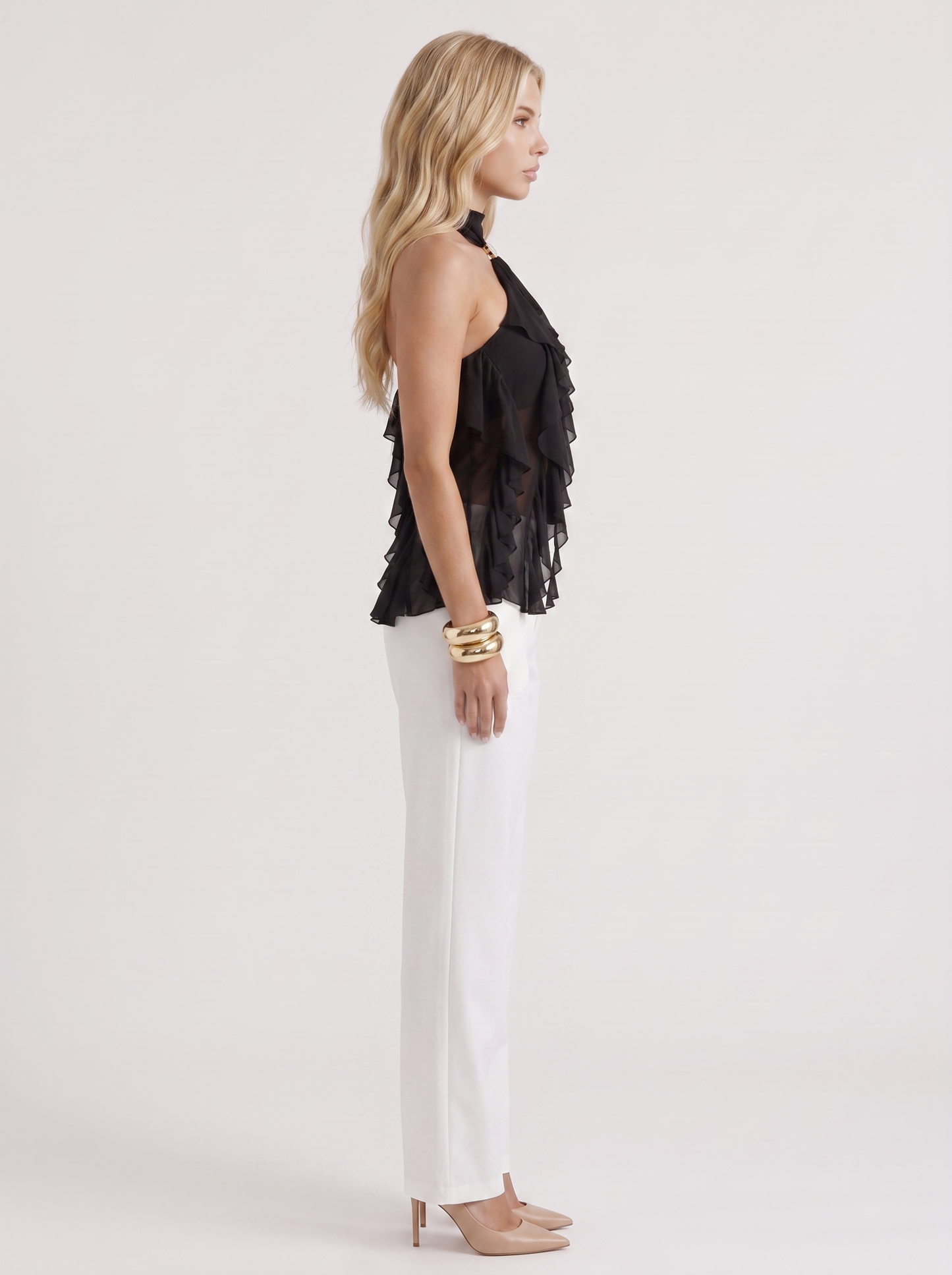 Romy Ruffle Top in Black - top front view