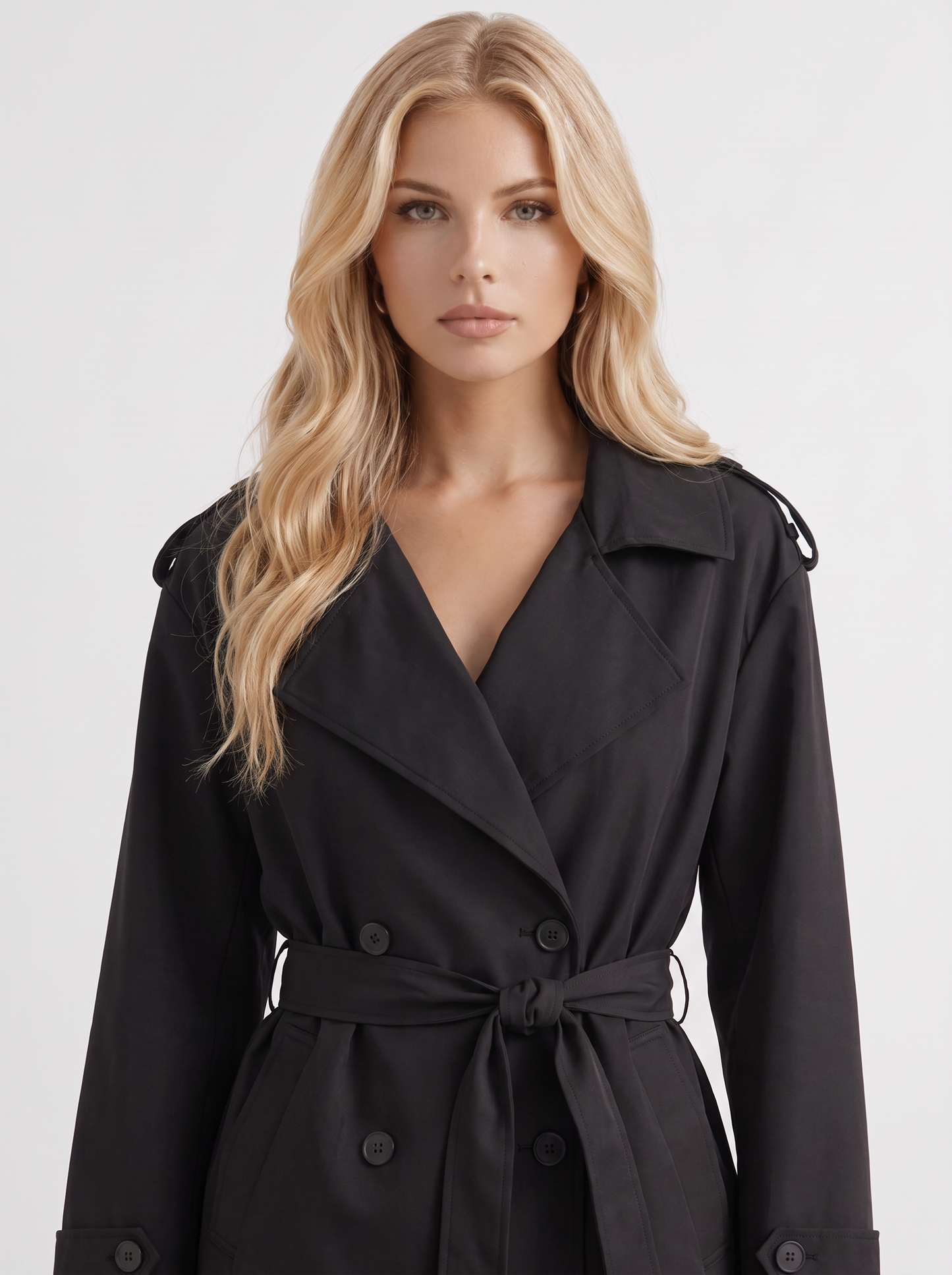 Una Belted Trench in Black - coat front view